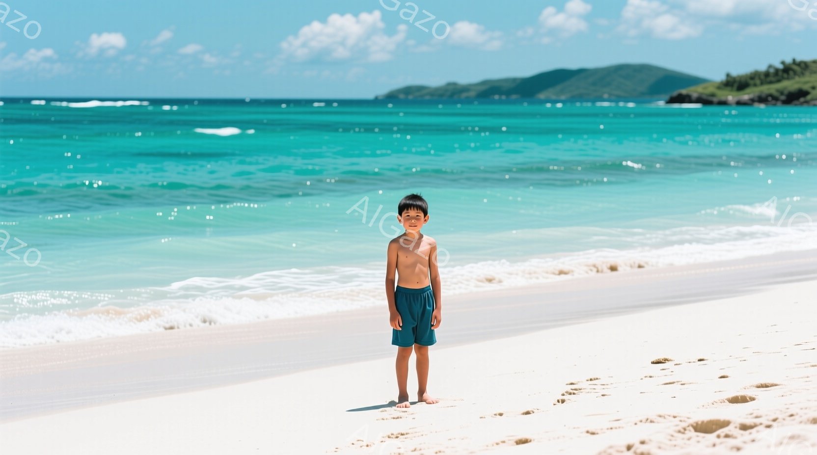 白い砂浜に立つ少年は、ターコイズブルーの短パンを着用し、上裸で立っている。彼はまっすぐ前を見据え、わずかに微笑んでいるように見える。背景にはエメラルドグリーンの海が広がり、穏やかな波が打ち寄せ、遠くには緑豊かな山々が連なっている。