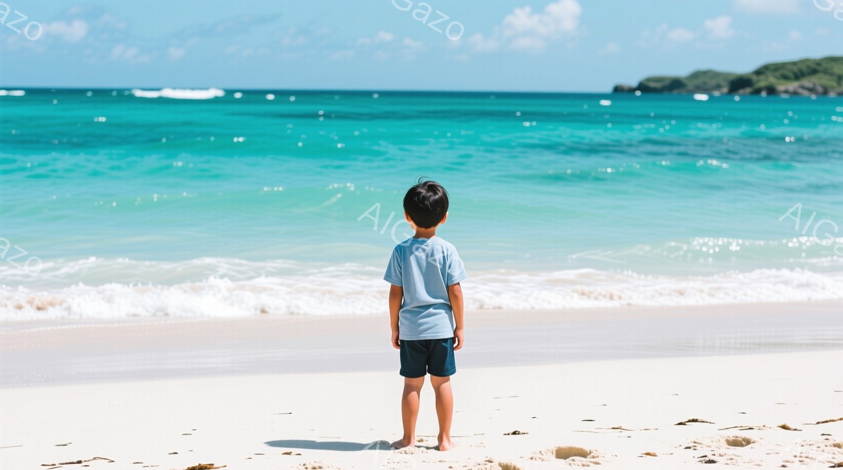 小さな男の子が、白い砂浜に立って、ターコイズブルーの海を眺めている。彼は薄い水色のTシャツと紺色の短パンを着ており、黒い短い髪をしている。背景には穏やかな波が打ち寄せ、晴天の下、青い空と海が広がり、の - AI生成フリー素材
