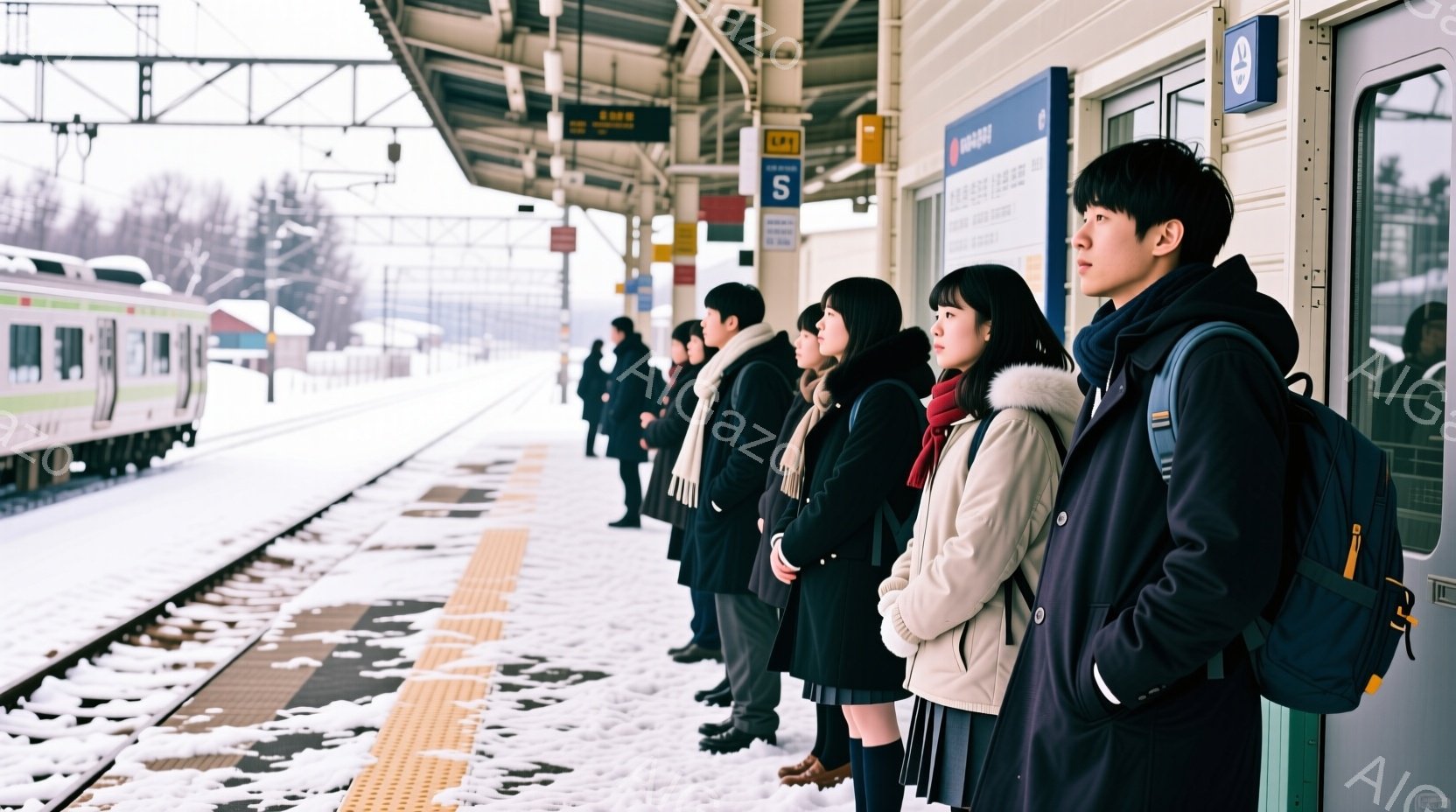 雪が積もったプラットフォームに、制服を着た学生たちが一列に並んでいる。彼らは皆、黒か濃い青色のコートを羽織り、真剣な表情で遠くを見つめている。背景には雪景色が広がり、寒々とした冬の雰囲気を醸し出している。