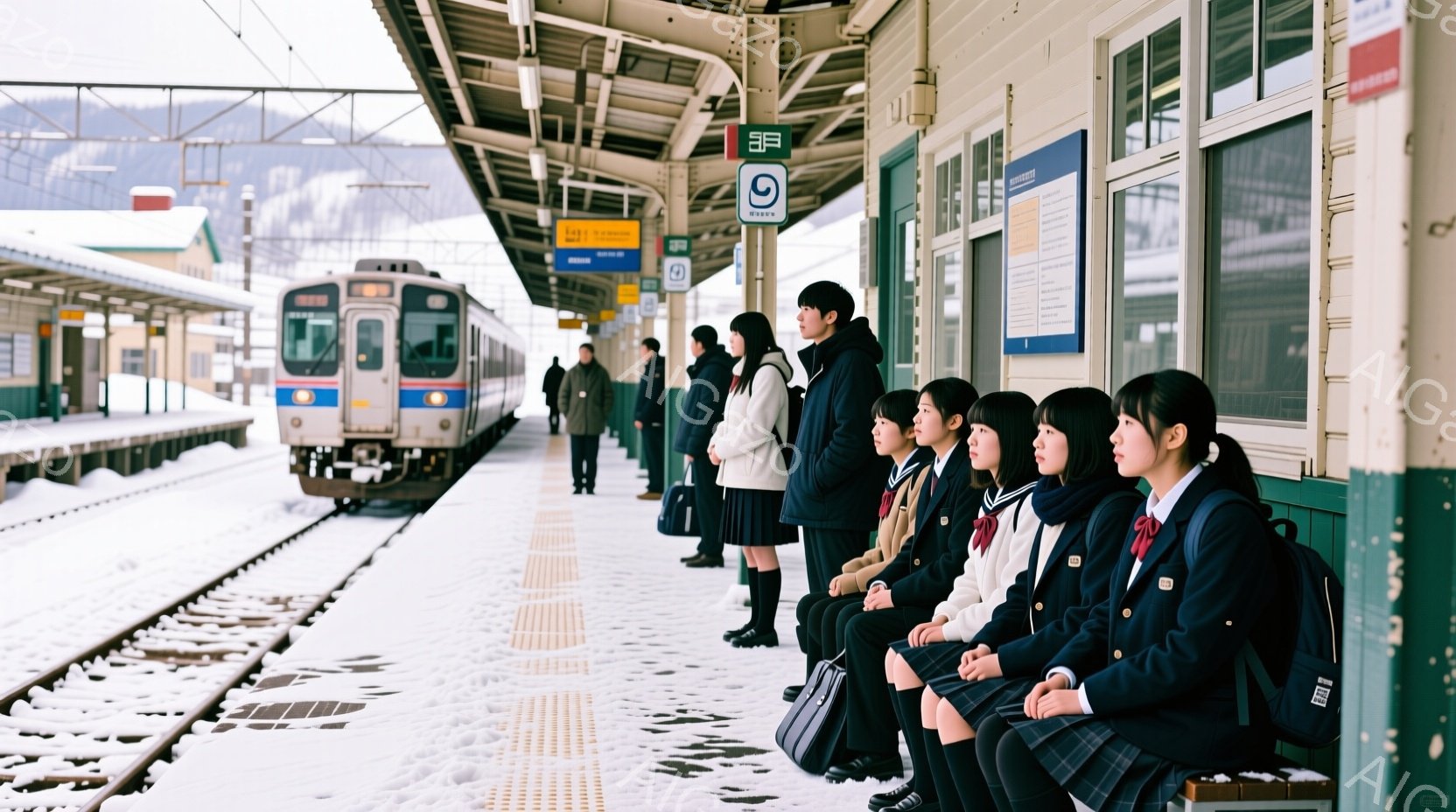 雪が降る鉄道のホームに、制服を着た女子学生たちが整然と並んで座っています。紺色のブレザーにチェックのスカート、白いシャツにリボンを結んだ姿は、冬の寒さの中で際立っています。背景には雪に覆われた線路と、遠くに見える山々が広がっており、静かで少し寂しげな雰囲気が漂っています。