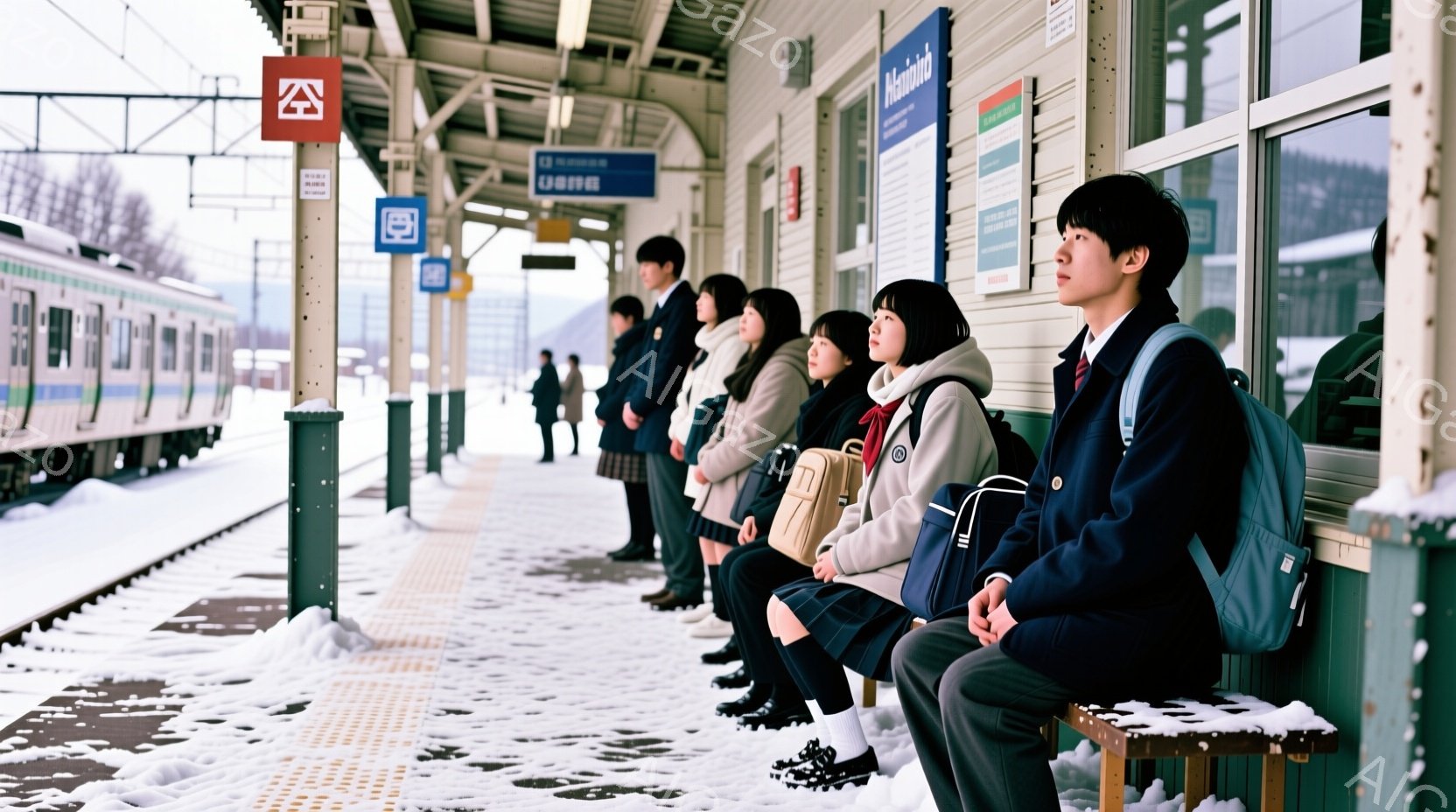 雪が降るプラットフォームに、制服を着た学生たちが一列に並んで座っています。彼らは皆、濃い青色のブレザーとチェック柄のスカートまたはズボンを着用し、冬らしい服装をしています。背景には雪に覆われた山々と列車があり、全体的に静かで少し寂しげな冬の雰囲気が漂っています。