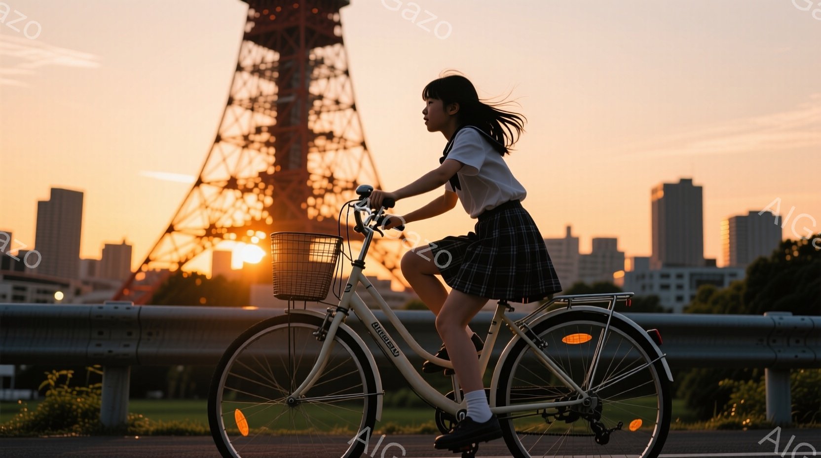 夕焼けを背景に、自転車に乗る女子高生が写っている。彼女は白いシャツにチェック柄のスカート、白い靴下を履き、髪を後ろでポニーテールにしている。背景には東京タワーと都市の建物がシルエットとして浮かび上がり、温かくノスタルジックな雰囲気を醸し出している。