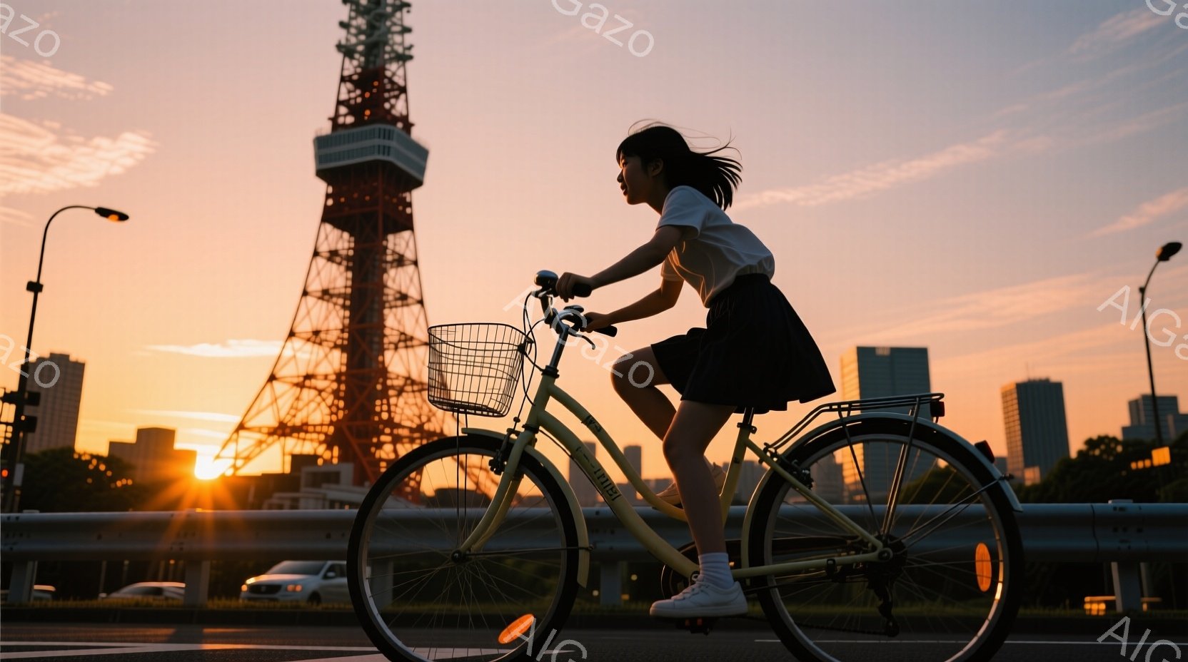 夕焼けを背景に、若い女性がクリーム色の自転車に乗って道路を走っている。彼女は白いTシャツと短いプリーツスカートを身につけ、髪は後ろでポニーテールに結ばれている。背後には東京タワーが見え、空はオレンジとピンクのグラデーションで、穏やかでノスタルジックな雰囲気を醸し出している。