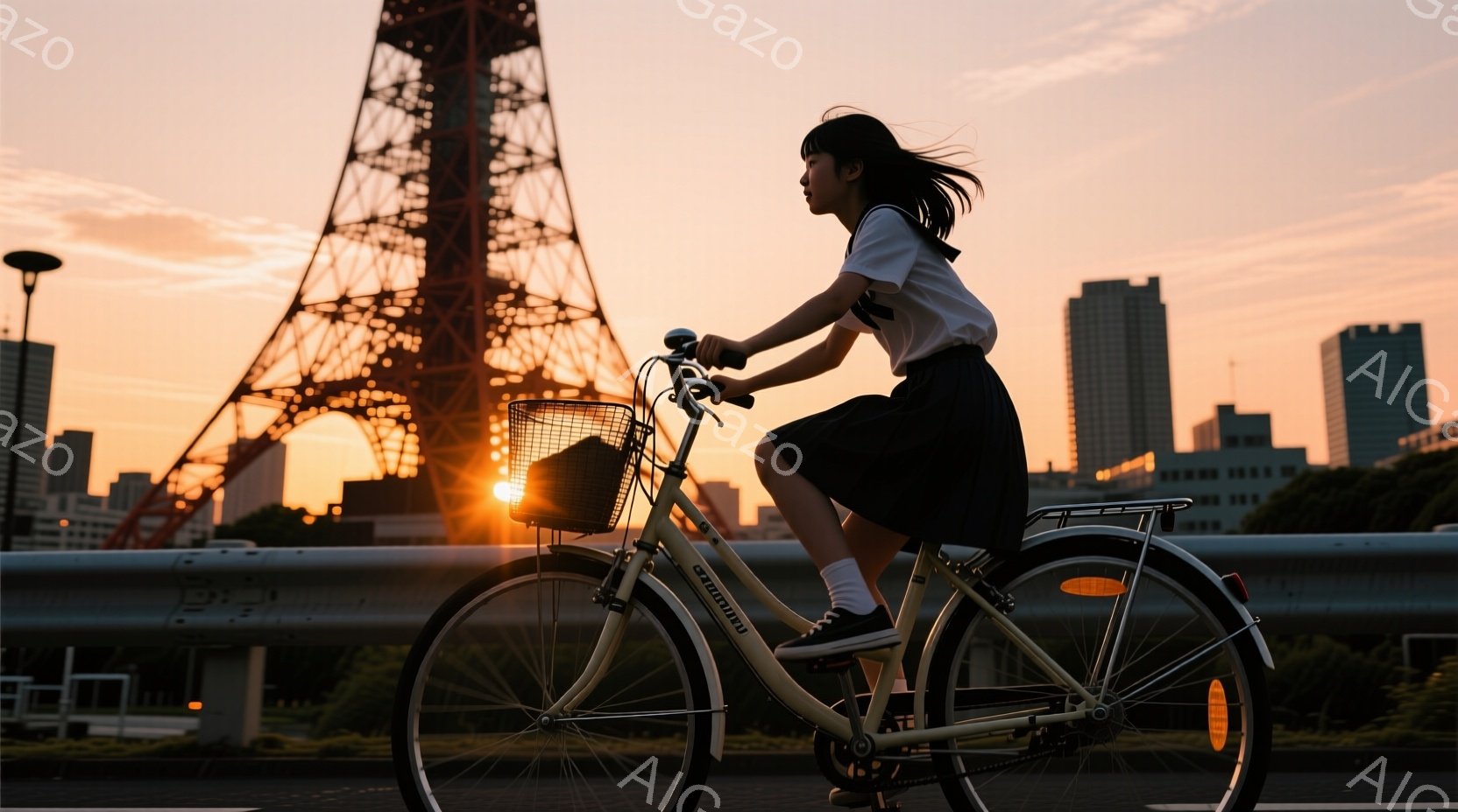 夕焼けを背景に、若い女性がクリーム色の自転車に乗って橋を渡っている。彼女は白いシャツに黒いスカート、そして白いソックスを履いており、髪は風になびいている。背景には東京タワーが見え、オレンジ色とピンク色の空が美しい夕暮れ時の穏やかな雰囲気を醸し出している。
