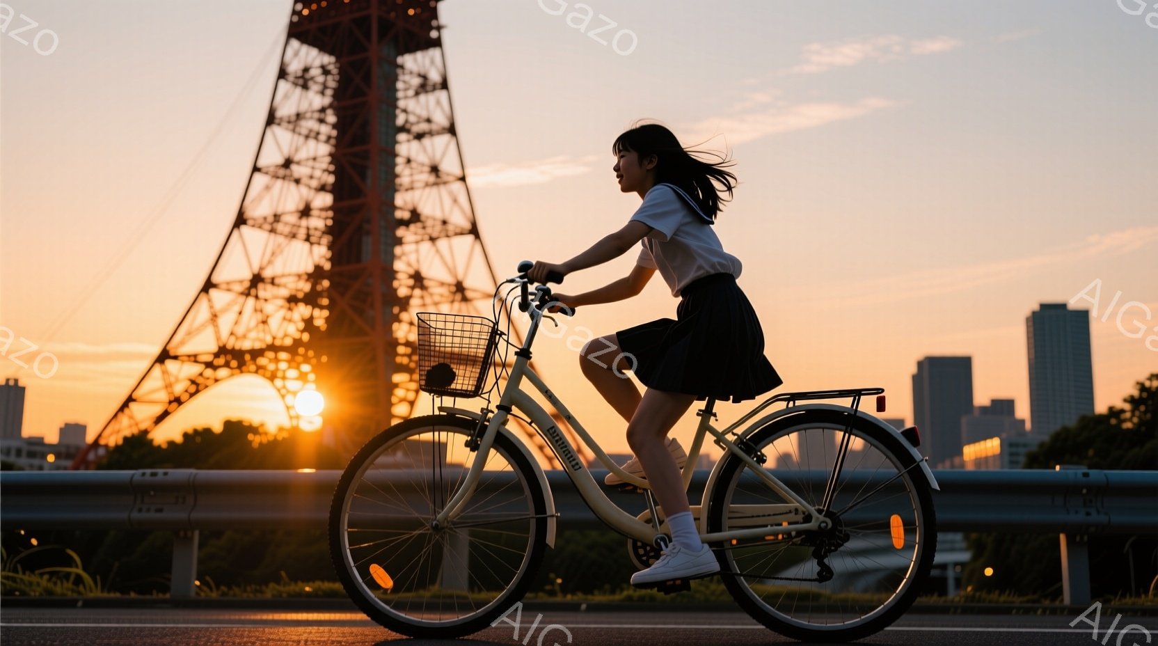 夕焼けを背景に、若い女性がクリーム色の自転車に乗って道路を走っている。彼女は白いTシャツに黒いスカート、白い靴下とスニーカーを履いており、長い黒髪が風になびいている。背景には東京タワーがシルエットで映 - AI生成フリー素材