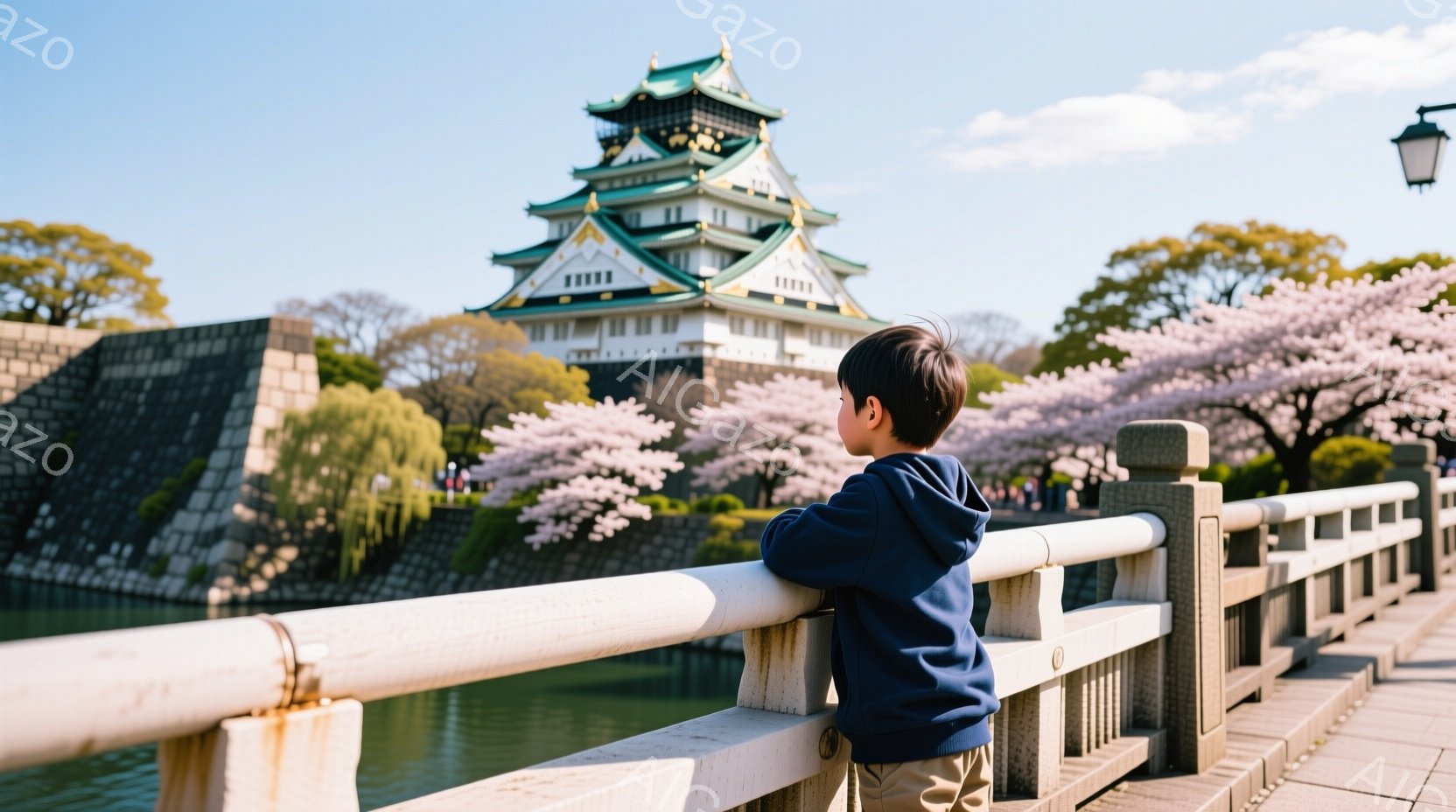 少年はベージュ色のズボンと濃い青色のパーカーを着て、石造りの橋の欄干にもたれかかっている。背景には、美しいお城と桜並木が見え、穏やかな春の日であることがわかる。全体的に、少年がお城と桜を眺めている静かで平和な雰囲気が漂っている。