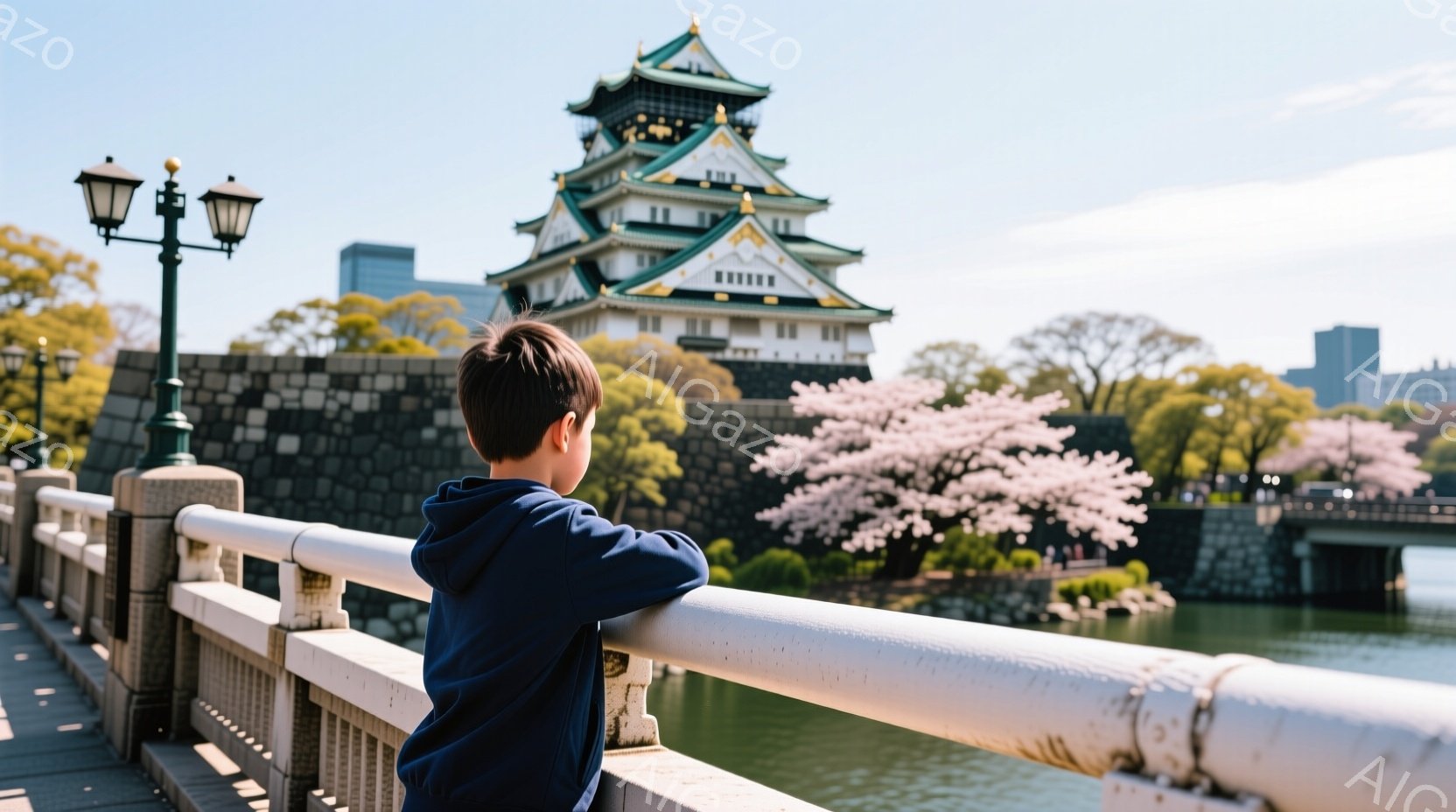 青いパーカーを着た少年が、石橋の手すりに寄りかかり、水面を見下ろしている。背景には、桜の花が咲き誇る庭園と、美しい名古屋城がそびえ立ち、穏やかな春の日の雰囲気が漂っている。少年は後ろ姿のため表情は読み - AI生成フリー素材