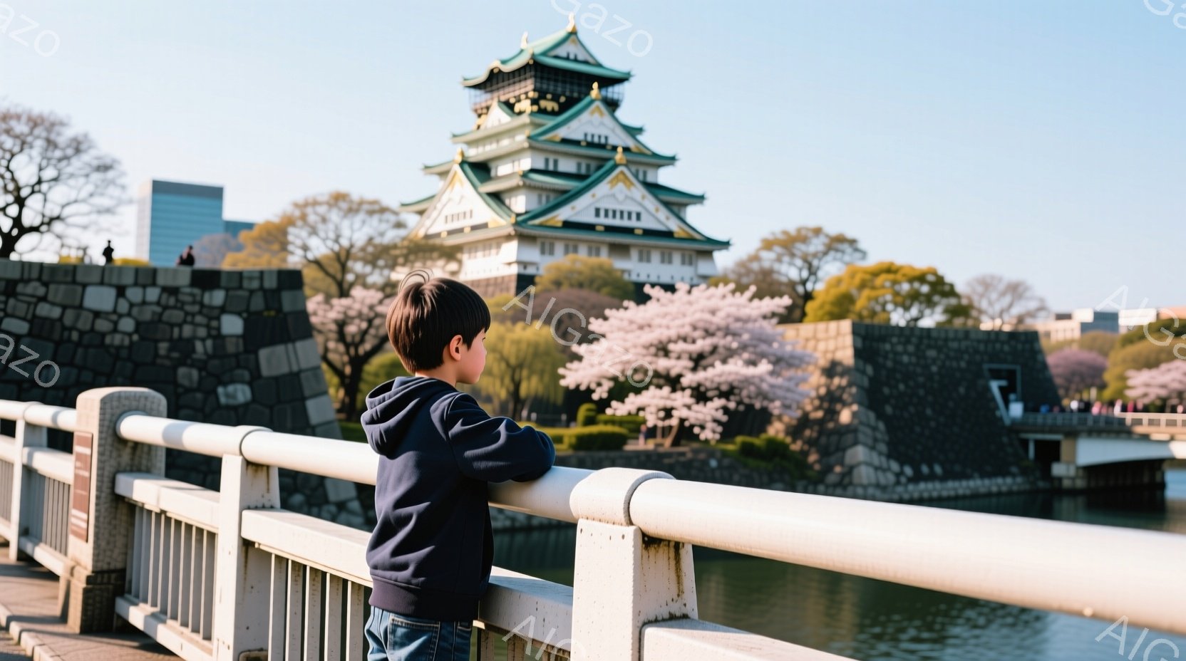 少年は青いパーカーとジーンズを着ており、短い黒髪に整えられています。彼は白い手すりに寄りかかり、遠くの城を眺めています。背景には、桜が咲き誇る美しい城と堀、そして青空が広がっており、穏やかで平和な雰囲気を醸し出しています。