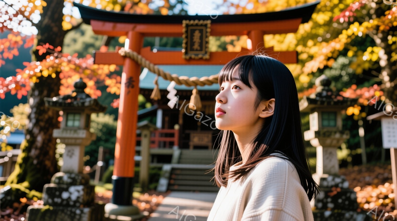 長い黒髪で前髪を少し残した若い女性が、薄いベージュ色のセーターを着て、少し上を見ている。彼女の表情は穏やかで、どこか物思いにふけっているように見える。背景には鮮やかな朱色の鳥居と、紅葉で色づいた木々が - AI生成フリー素材