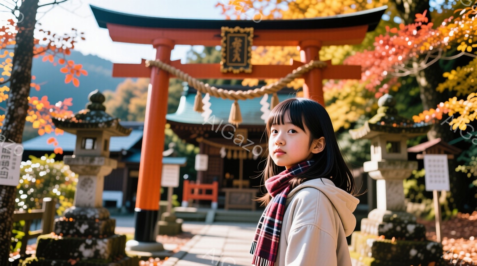 茶髪の少女が、白いコートと赤いチェックのショールを羽織り、少し横を向いて微笑んでいます。背景には鮮やかな朱色の鳥居と、秋の紅葉に彩られた神社が見えます。穏やかな日差しの中で、少女と紅葉、神社のコントラ - AI生成フリー素材