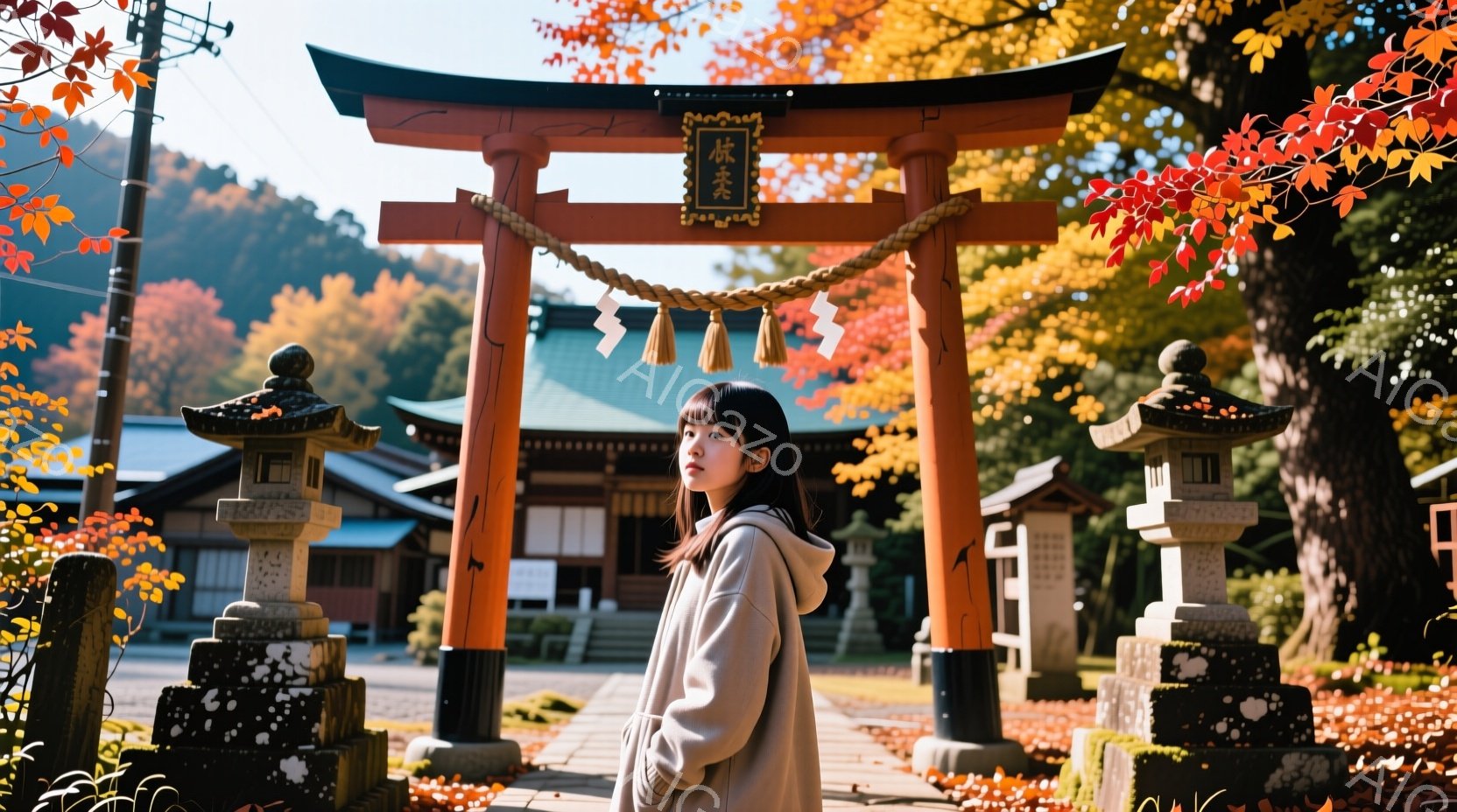 朱色の鳥居を背景に立つ若い女性が写っています。彼女はベージュ色のフード付きコートを着ており、髪はダークブラウンで、前髪が目にかかっています。背景には、伝統的な日本の建物と、秋の紅葉が広がっており、穏や - AI生成フリー素材