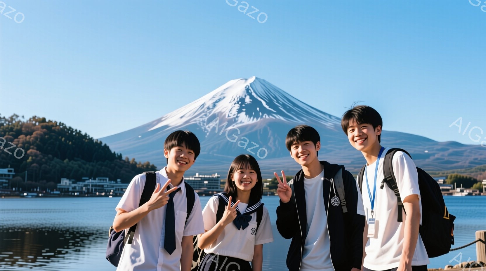 ４人の学生が湖のほとりで並んで笑顔でポーズをとっています。彼らは皆、白いシャツにブレザーまたはカーディガンを着ており、制服のような服装です。背景には、雪をかぶった富士山が壮大にそびえ立ち、晴れた空と緑 - AI生成フリー素材