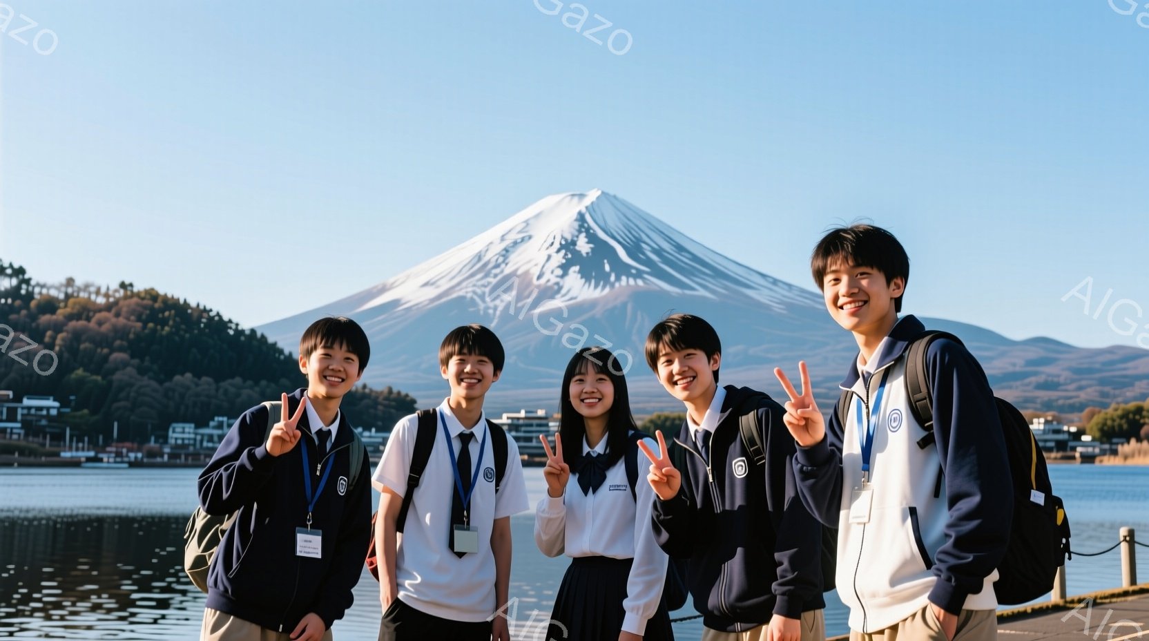 五人の学生が、富士山を背景に並んで立っています。制服姿で、皆笑顔でピースサインをしており、楽しそうな雰囲気が伝わってきます。背景には湖や緑豊かな自然が広がり、晴天の下、観光を楽しんでいる様子が伺えます。