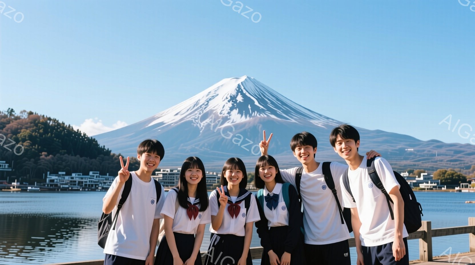 5人の学生が湖のそばの木製のデッキに並んで立っており、皆笑顔でカメラに向かってピースサインを送っています。紺色のブレザーと白いシャツ、チェック柄のスカートまたはズボンを着用し、それぞれリュックを背負っ - AI生成フリー素材