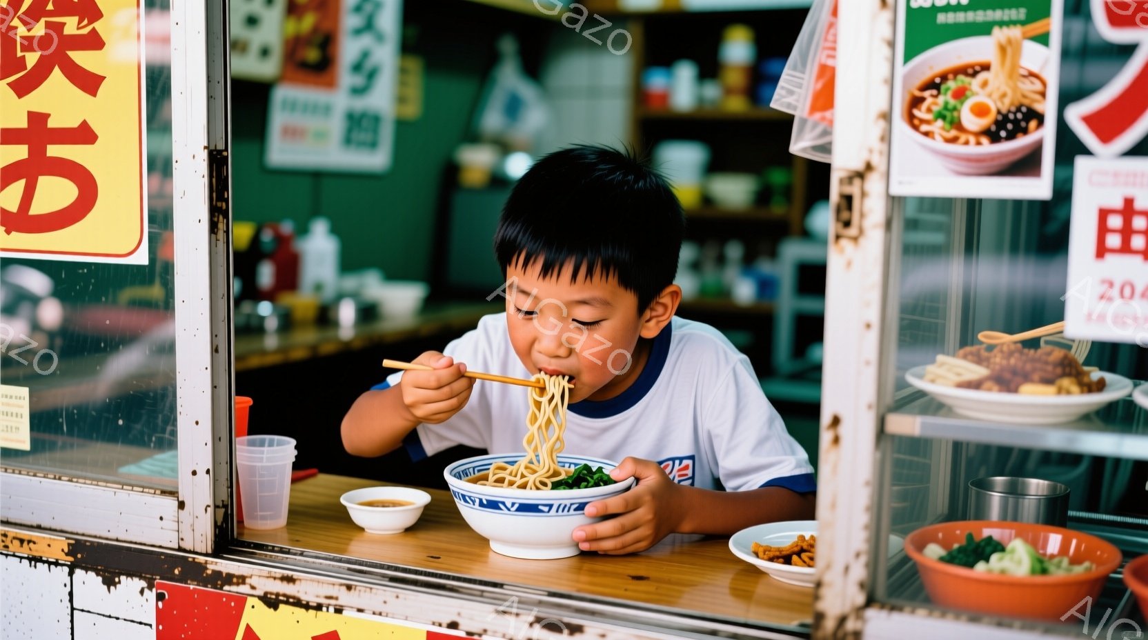 少年は白いシャツと紺色のズボンを着用し、ラーメンを美味しそうに食べている。彼は前かがみになり、集中して麺をすすり、生き生きとした表情をしている。背景にはラーメン屋のカウンターとメニュー、そしてぼやけた外の景色が見え、活気のある日常の一コマを捉えている。