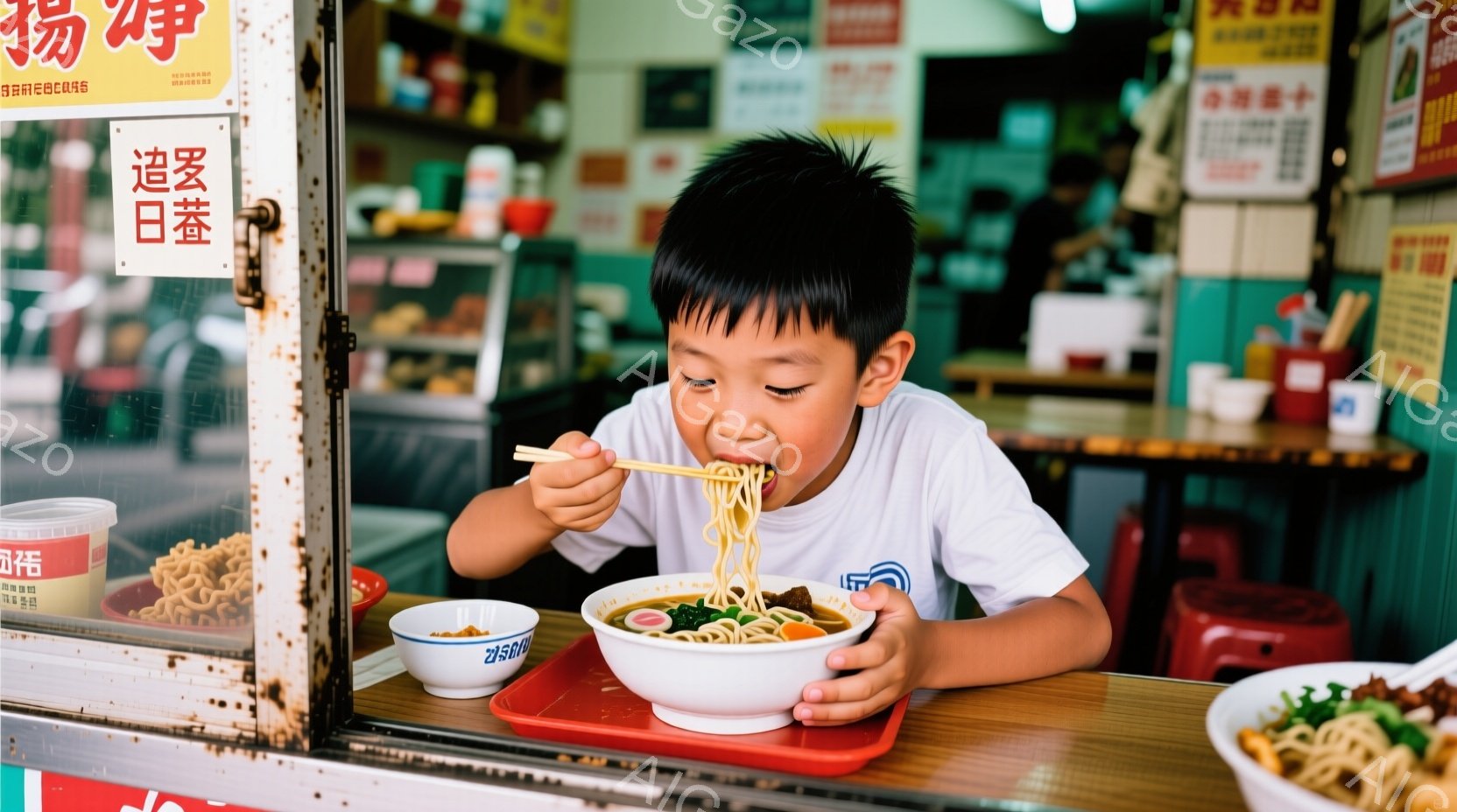 少年は白いTシャツを着て、ラーメンを熱心に食べている。彼の髪は短く刈り込まれており、集中した表情で箸を使って麺をすする様子が捉えられている。背景には、賑やかなラーメン屋の店内がガラス越しに見え、活気のある雰囲気が感じられる。