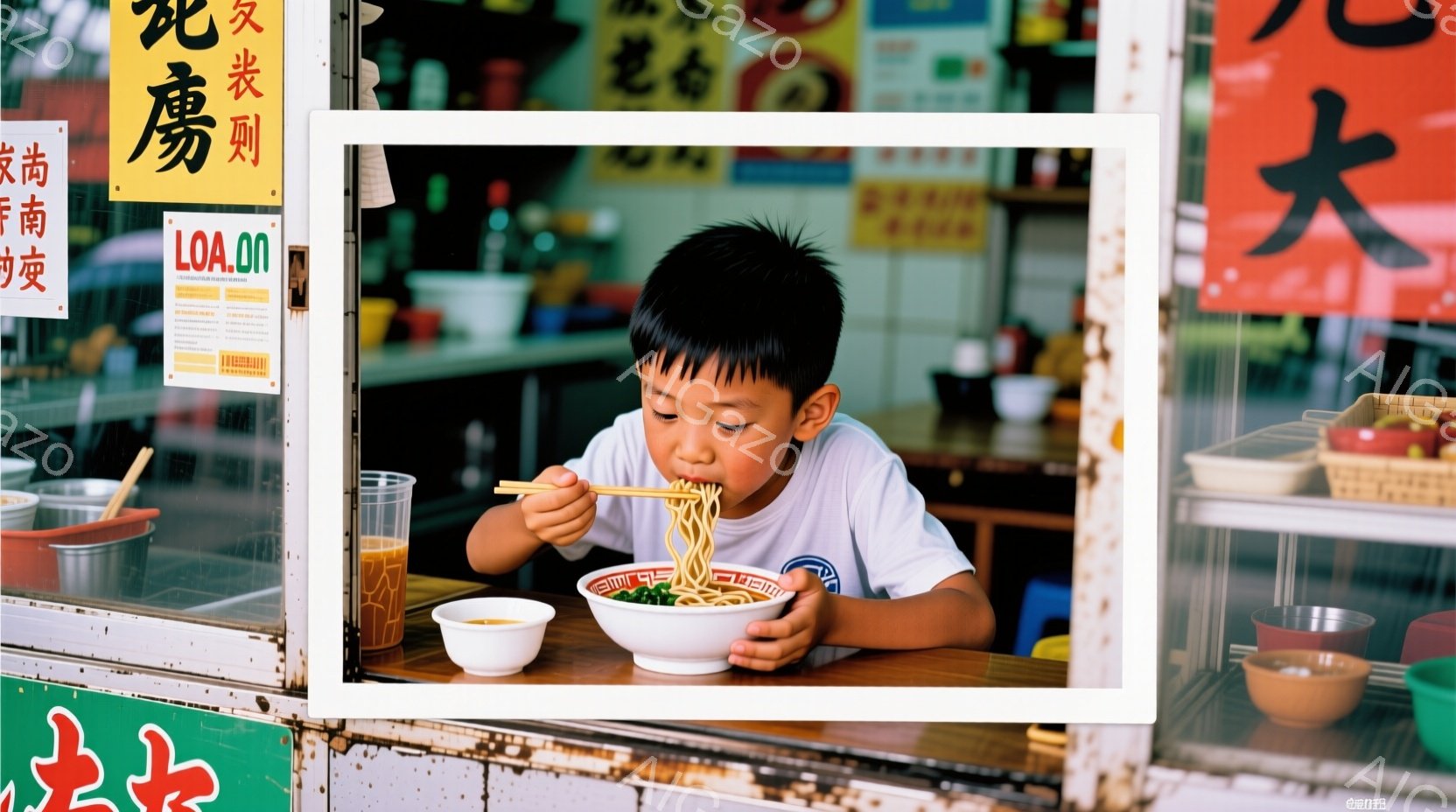 少年は白いTシャツを着て、ラーメンを食べている。彼は集中した表情で前を見つめ、箸で麺を口に運んでいる。背景には屋台のような場所で、食器や食材が並び、活気のある日常の様子がうかがえる。