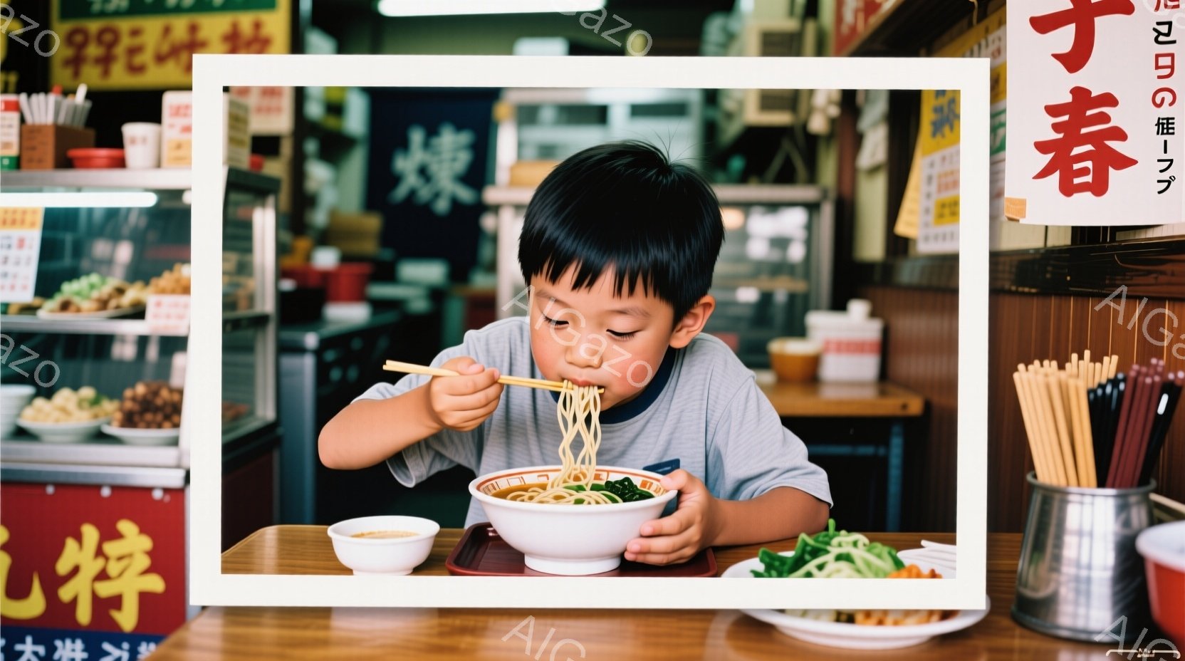 少年はカウンター席でそばを食べている。彼はグレーのTシャツを着ており、前髪が少し長めの黒髪である。背景には、カウンター、食器、そして赤い看板が見え、活気のある屋台のような雰囲気である。