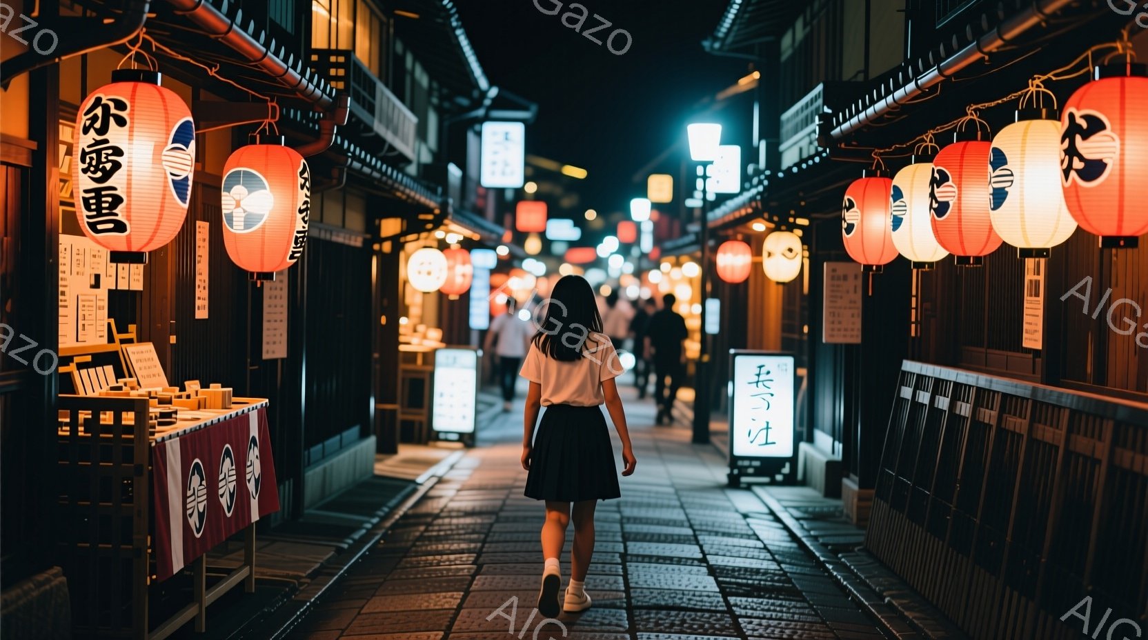 少女は、狭い石畳の路地を背にして歩いている。彼女は白いTシャツと黒いスカートを身につけ、ロングヘアを背中に垂らしている。路地両脇には木造の建物が並び、提灯が灯り、レトロで幻想的な雰囲気を醸し出している。