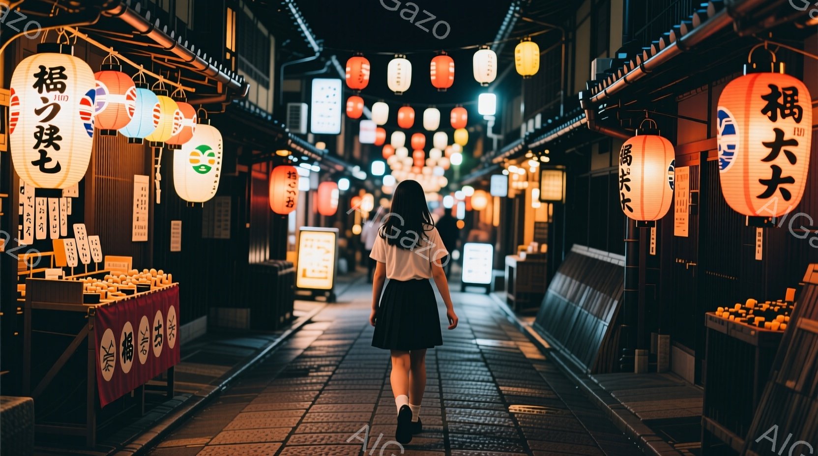 古い街並みを歩く後ろ姿の若い女性が写っています。彼女は白いシャツに黒いスカート、白い靴下とスニーカーを履いており、長い黒髪が背中に流れています。両脇には提灯が並び、石畳の道と木造の建物が懐かしい雰囲気 - AI生成フリー素材