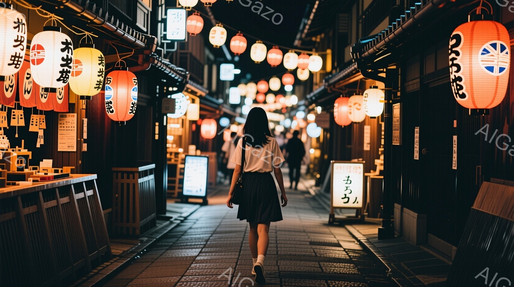 夜の路地を歩く女性の背中が見えます。彼女は白いシャツに黒いスカートを履き、肩にバッグをかけています。路地は提灯が灯り、伝統的な建物が立ち並び、賑やかでありながらもどこか懐かしい雰囲気を醸し出しています。