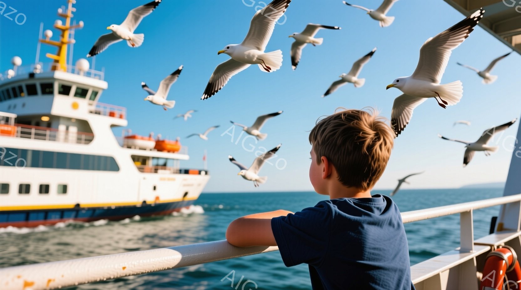 海上にあるフェリーのデッキで、少年が手すりに寄りかかり、空を舞うカモメたちを見上げている。少年は濃い青色のTシャツを着ており、短く巻き毛のような髪をしている。背景には青い海と白いフェリー船が見え、晴天の下、開放的な雰囲気が漂っている。