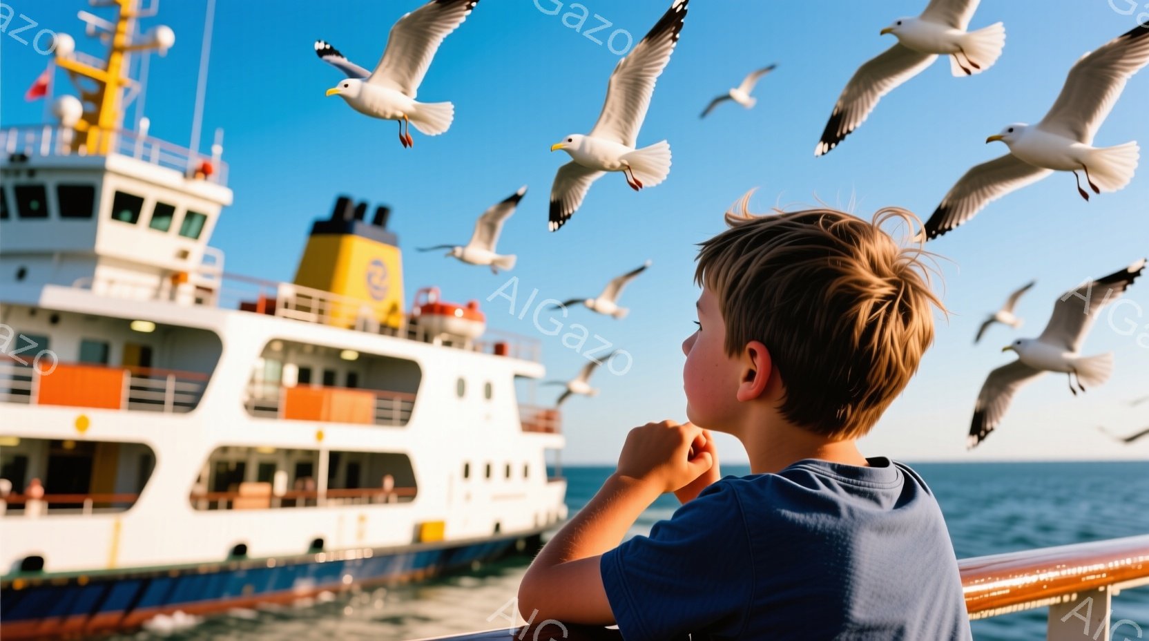金髪の少年が青いシャツを着て、フェリーのデッキで海を眺めています。彼は少し上目遣いで、飛んでいるカモメに興味津々な表情をしています。背景には白とオレンジ色のフェリーが停泊しており、晴れた青空と穏やかな - AI生成フリー素材