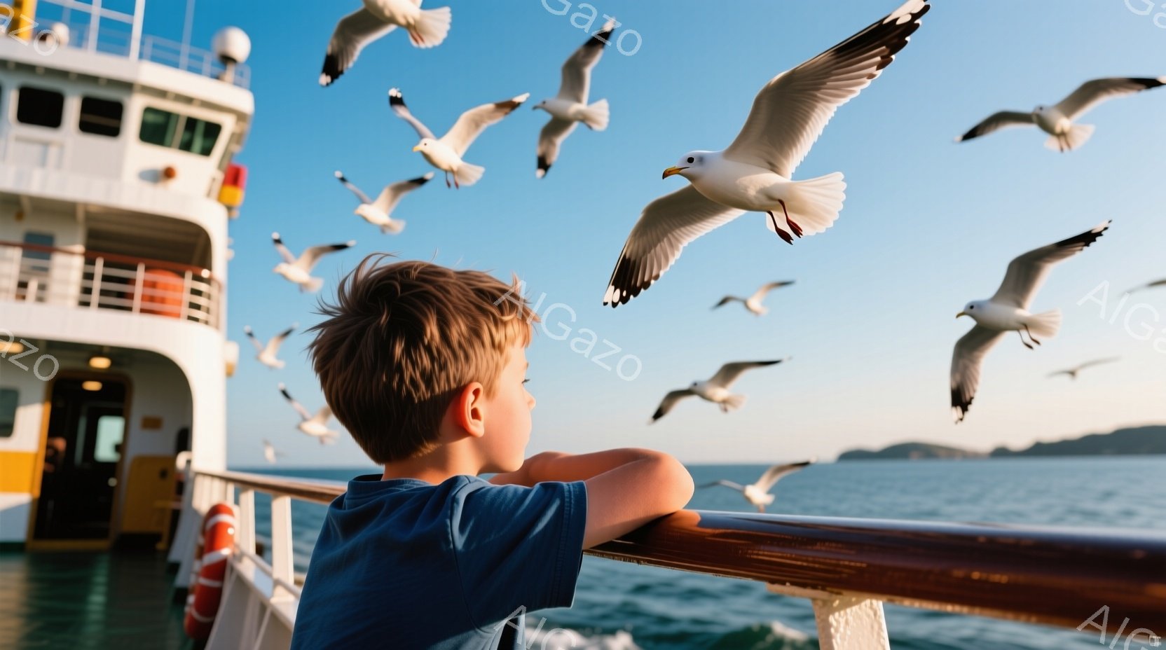 少年は青いシャツを着て、船の柵にもたれかかって海を眺めている。周囲にはたくさんのカモメが飛び交い、背景には穏やかな海と遠くの山々が広がっている。空は晴れ、全体的に明るく、平和な雰囲気である。