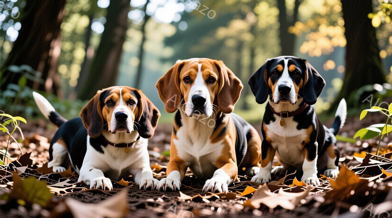 三匹のビーグル犬が落ち葉の上に並んで座っています。それぞれの犬は首輪をつけており、正面をまっすぐ見ています。背景は木々が生い茂る森林で、秋の暖かい日差しが差し込んでおり、全体的に穏やかで落ち着いた雰囲気です。