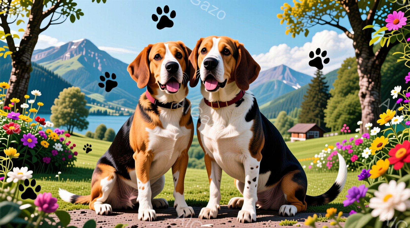 二匹のビーグル犬が緑の芝生の上に座っており、それぞれ首輪をつけている。犬たちは口を開けて笑顔を見せ、まるで楽しんでいるかのようだ。背景には青い湖、木々、そして遠くに見える山々が広がり、晴れた日の穏やかな風景が広がっている。