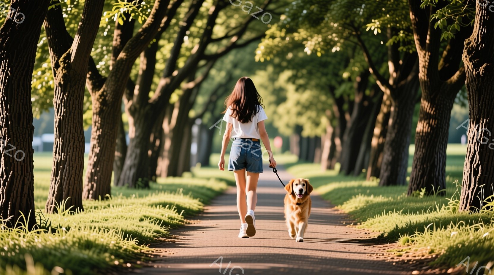 白いTシャツとデニムのショートパンツを身に着けた女性が、ゴールデンレトリバーと並んで遊歩道を歩いている。緑豊かな木々が生い茂る道は、明るい日差しに照らされ、穏やかで平和な雰囲気を醸し出している。女性は - AI生成フリー素材