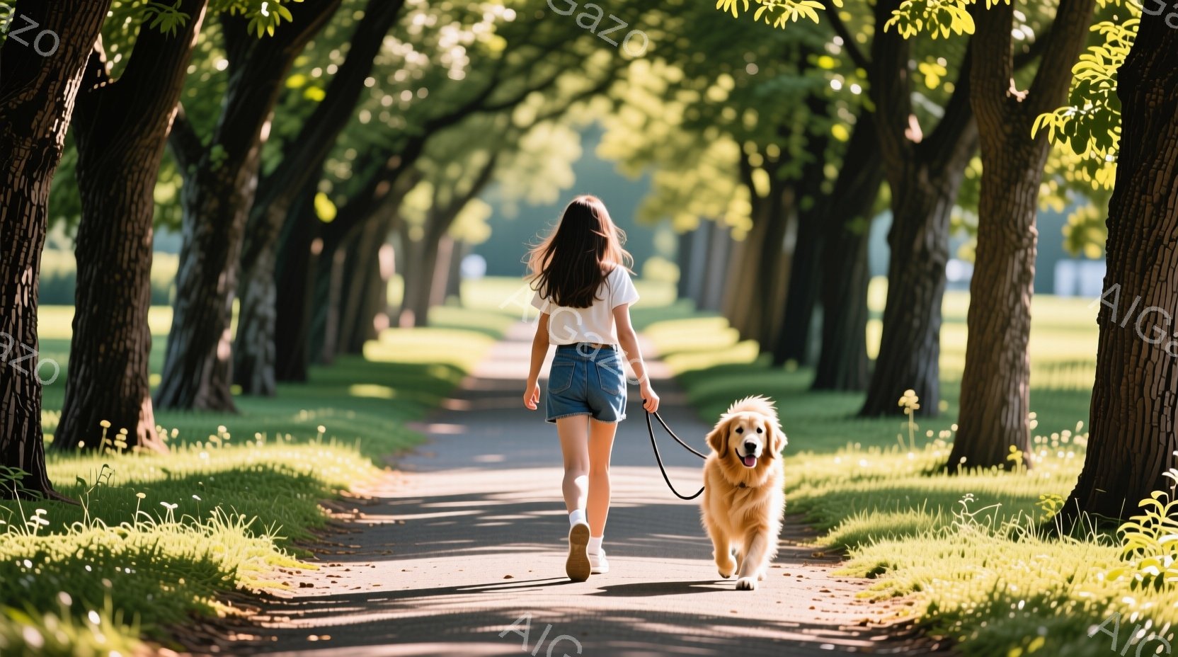 若い女性が、短いデニムパンツと白いTシャツを着て、金色のレトリバー犬を連れて舗装された道を歩いている。木々が生い茂る道の両側には緑の草が生え、背景には明るい空が見え、晴れた日の穏やかな散歩の雰囲気が漂 - AI生成フリー素材