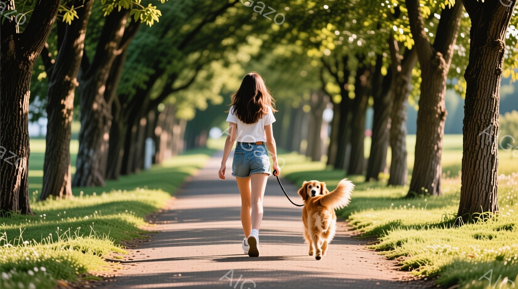 デニムのショートパンツと白いTシャツを着た女性が、リードを引いてゴールデンレトリバーとアスファルトの道の上を歩いている。両側には緑豊かな木々が並び、太陽の光が差し込み、穏やかで平和な雰囲気を醸し出して - AI生成フリー素材