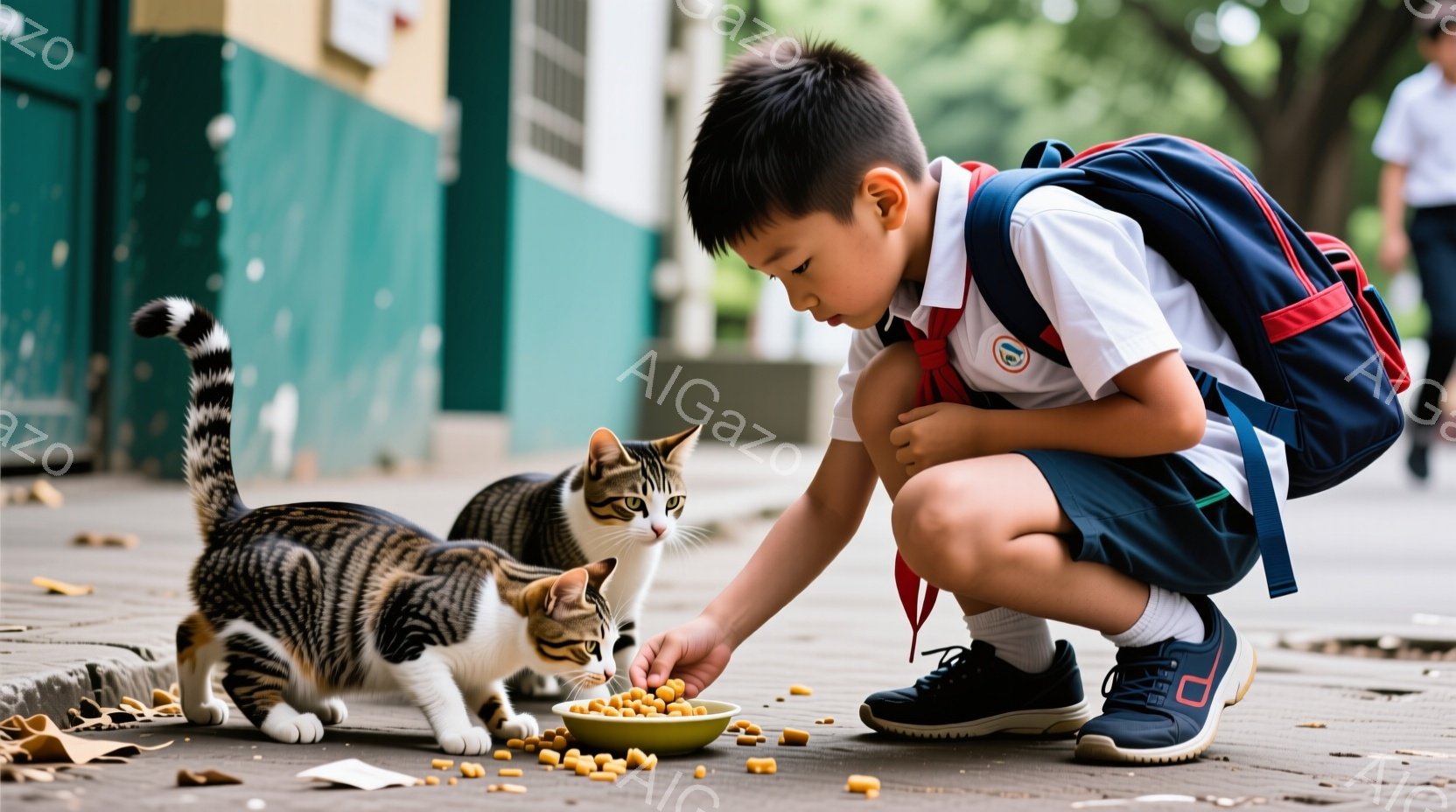 男の子は制服姿で、道路にひざまずき、猫に餌を与えています。猫は白と茶色のしま模様で、餌に夢中で食べています。背景には建物と緑が見え、晴れた日の穏やかな雰囲気が漂っています。 - AI生成フリー素材