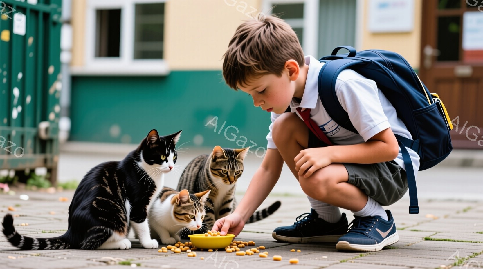 小さな少年が、路地にひざまずいて猫たちに餌を与えています。少年はグレーのズボンと白いシャツ、濃い青色のジャケットを着用し、黒いリュックを背負っています。背景には薄暗い建物が見え、アスファルトの地面には猫の餌が散らばり、穏やかで親密な雰囲気が漂っています。