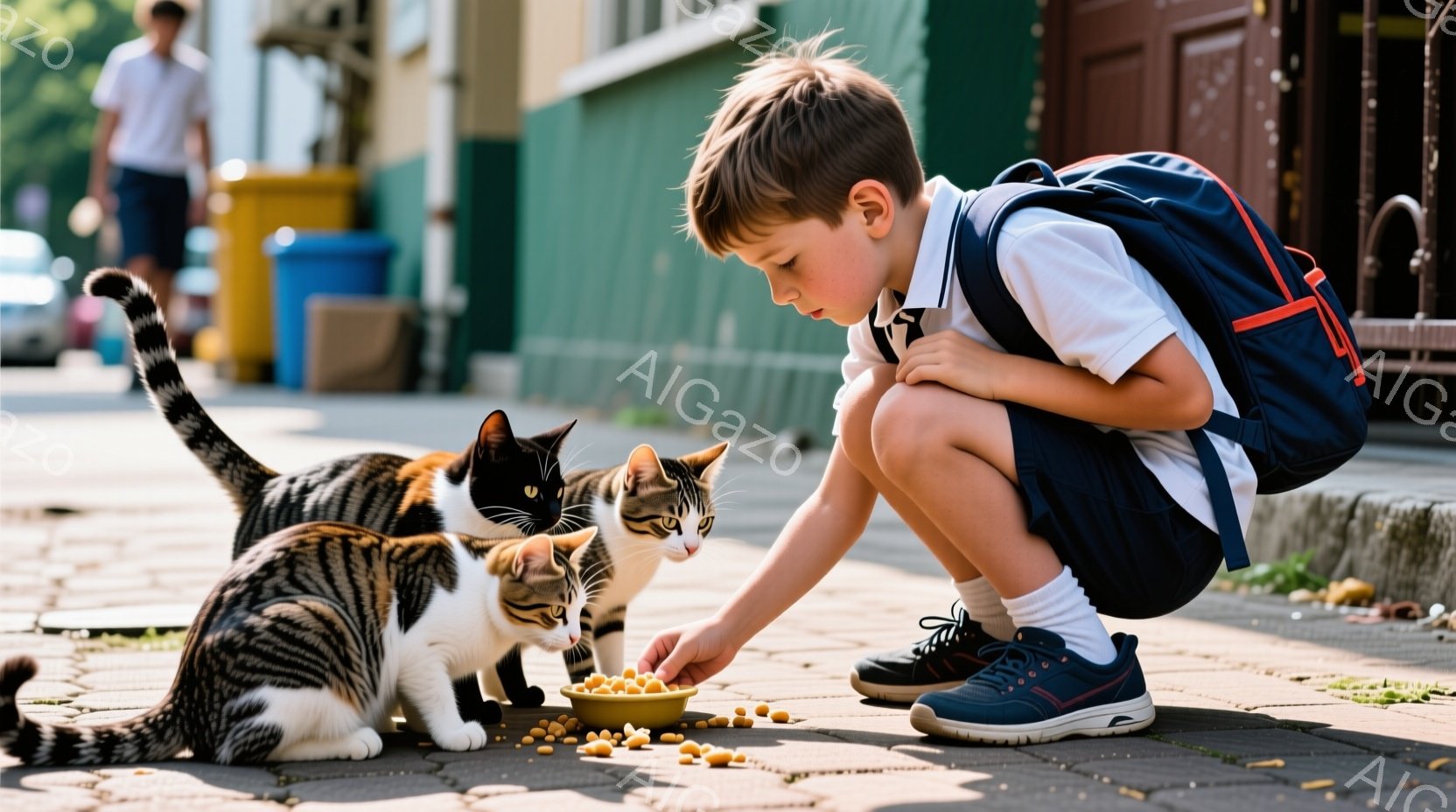 一人の少年が地面にひざまずき、猫の前に餌を置いている。少年は白いシャツに濃い青色のズボン、そして背中に青いリュックサックを背負っている。背景には建物や植物が見え、日差しが柔らかく、暖かい雰囲気の街並みが広がっている。