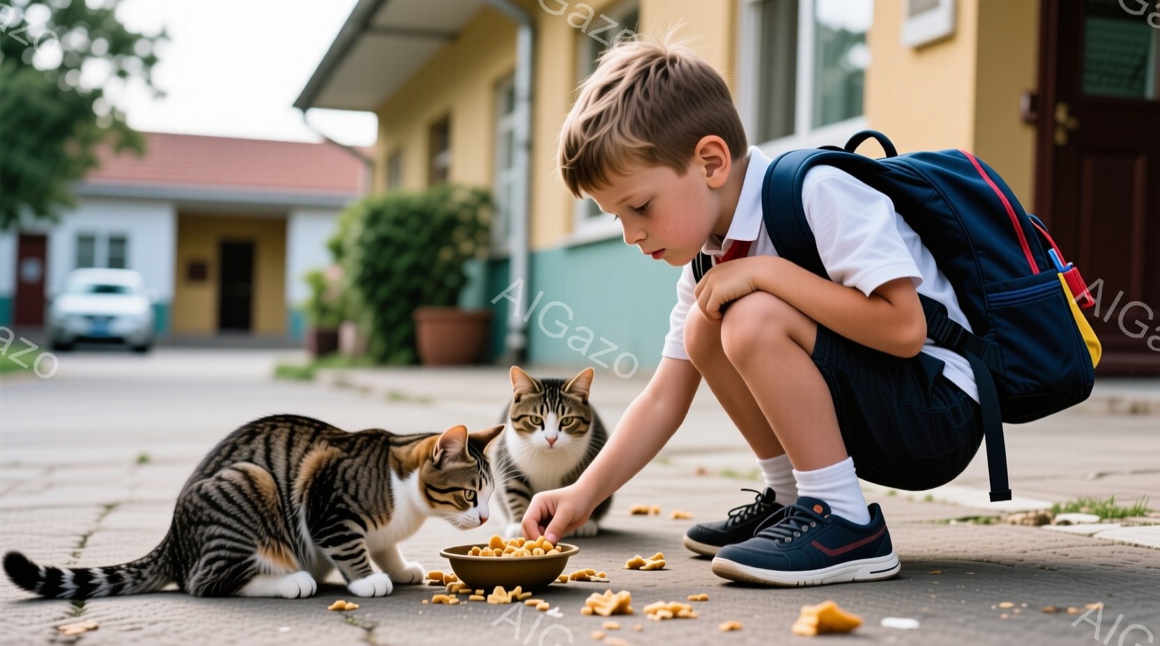 茶色と黒の縞模様の猫二匹が、少年が置いた餌の入った茶色いボウルを前にしています。少年は紺色のズボンと白いシャツを着て、赤いネクタイとリュックサックを背負い、猫たちを見下ろしながら餌を散らしています。背 - AI生成フリー素材