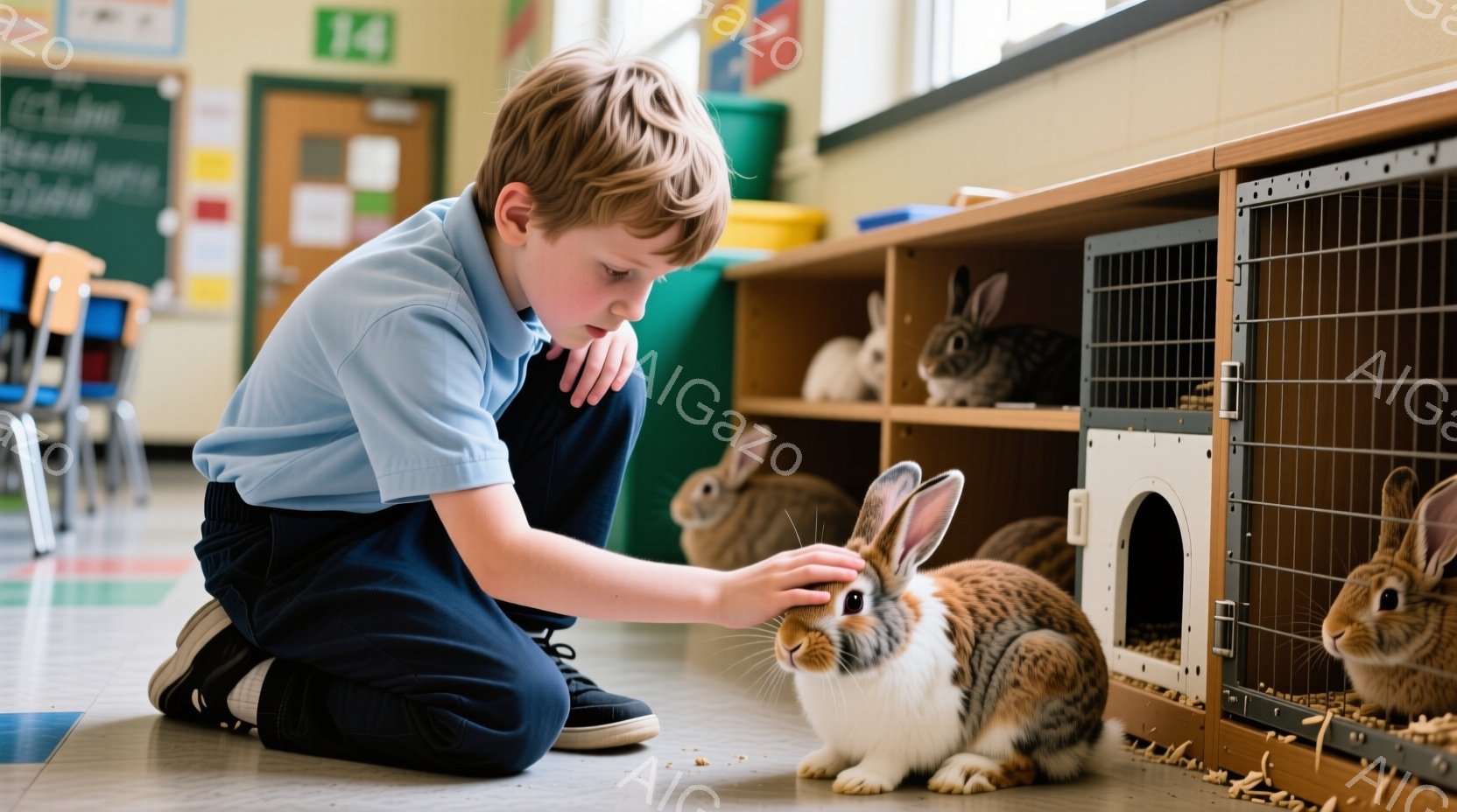 小さな少年が床に膝をつき、茶色と白のウサギに優しく触れようとしています。少年は青いシャツと紺色のズボンを着用し、短く刈り込んだ髪で、穏やかな表情をしています。背景にはウサギが飼われているケージが並び、教室のような室内であることがわかります。