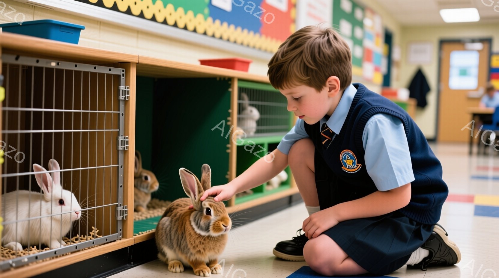 小さな少年がうさぎの檻の前でひざまずき、一匹の茶色いウサギにそっと触れようとしています。少年は紺色のセーターに、明るい青と赤の襟の付いた制服を着ており、短く整髪された髪が特徴的です。背景には他のウサギたちが檻の中にいて、教室のような明るい室内で、温かく穏やかな雰囲気が漂っています。