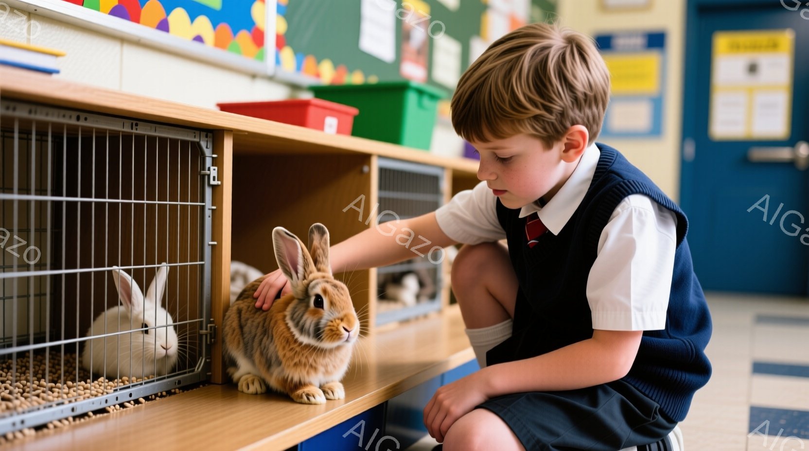 制服を着た少年が、ウサギの入ったケージの前にひざまずいて、優しくウサギの頭を撫でています。少年は短く刈り込んだ髪で、真剣な表情でウサギと接しています。背景には他のウサギのケージが並び、学校か動物保護施設のような場所であることがわかります。