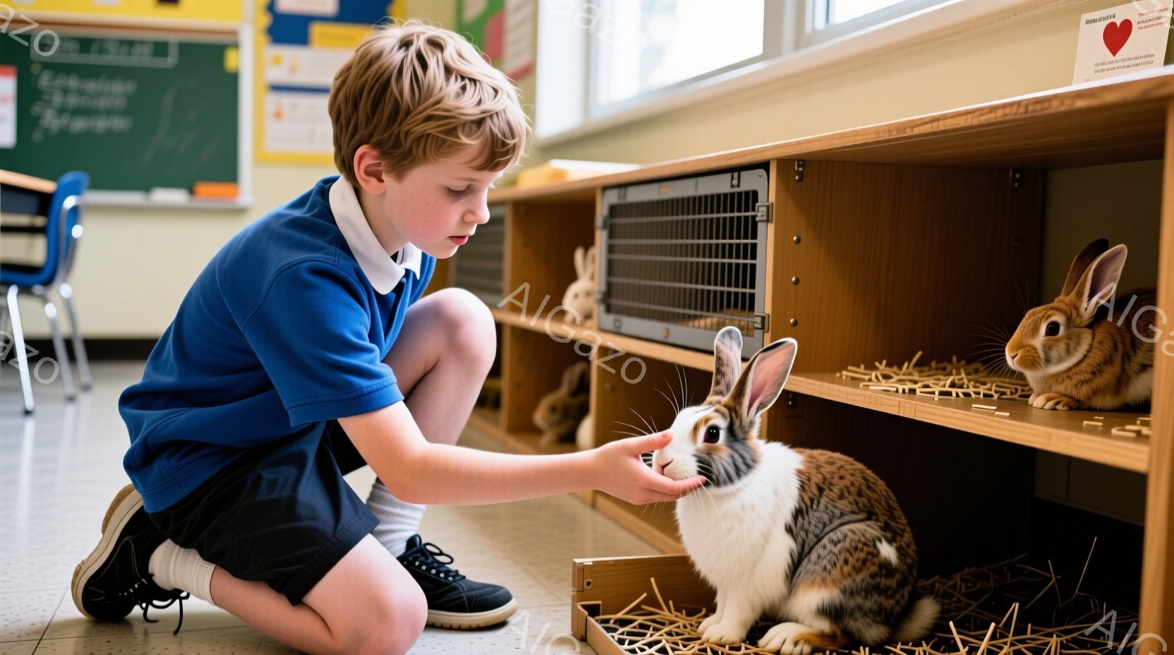 一人の少年がうずくまって、ケージの中のウサギに手を伸ばしています。少年は青いポロシャツと黒い短パンを着用し、短く整えられた髪をしています。背景には、他のウサギが収容されたケージが並び、教室のような環境であることがわかります。