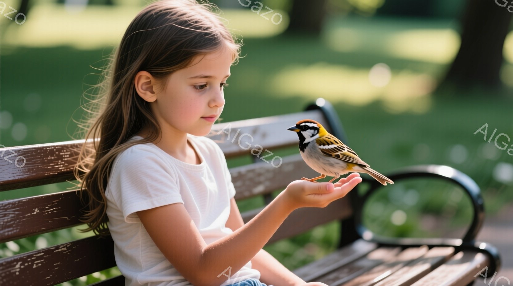 金髪の少女がベンチに座り、手のひらに雀が止まっています。彼女は白いTシャツとジーンズを着ており、長くストレートの髪は肩にかかっています。背景には緑豊かな自然が広がり、柔らかい光が差し込んで穏やかな雰囲 - AI生成フリー素材