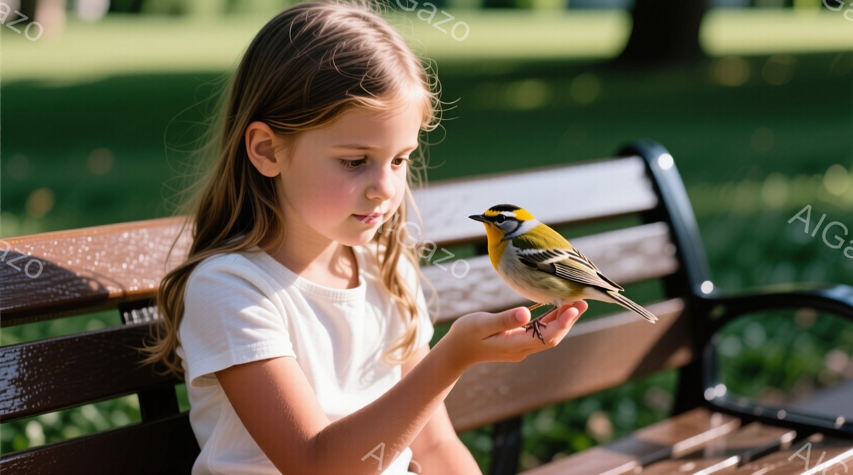 明るい緑の背景を背景に、少女がベンチに座り、手のひらに小さな鳥が止まっています。少女は白いTシャツを着ており、長い髪は自然に垂れ下がっています。彼女の表情は穏やかで、鳥との触れ合いを楽しんでいる様子が - AI生成フリー素材