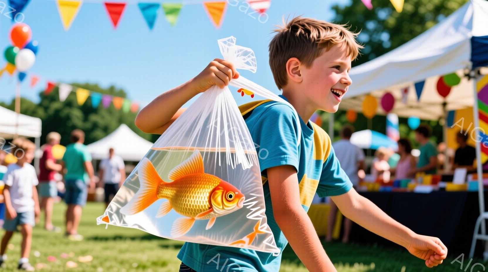 金色の魚が入った透明な袋を嬉しそうに抱えて走る少年が写っている。青と黄色のストライプのシャツを着ており、明るい笑顔を見せている。背景には、カラフルな旗や屋台が並び、イベント会場の賑やかな雰囲気が感じられる。