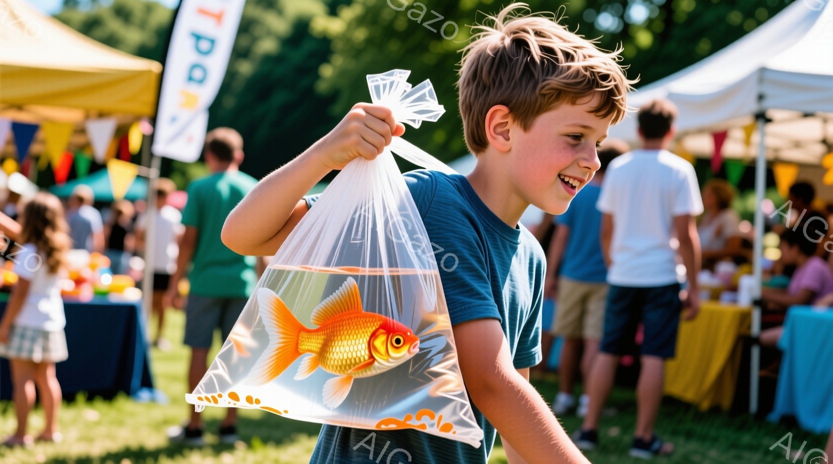 金髪の少年が、水が入ったビニール袋に入った金魚を嬉しそうに抱えています。少年は青いTシャツを着ており、顔には笑顔が広がっています。背景には、テントや人々が見え、屋外のイベント会場の賑やかな雰囲気が伝わってきます。