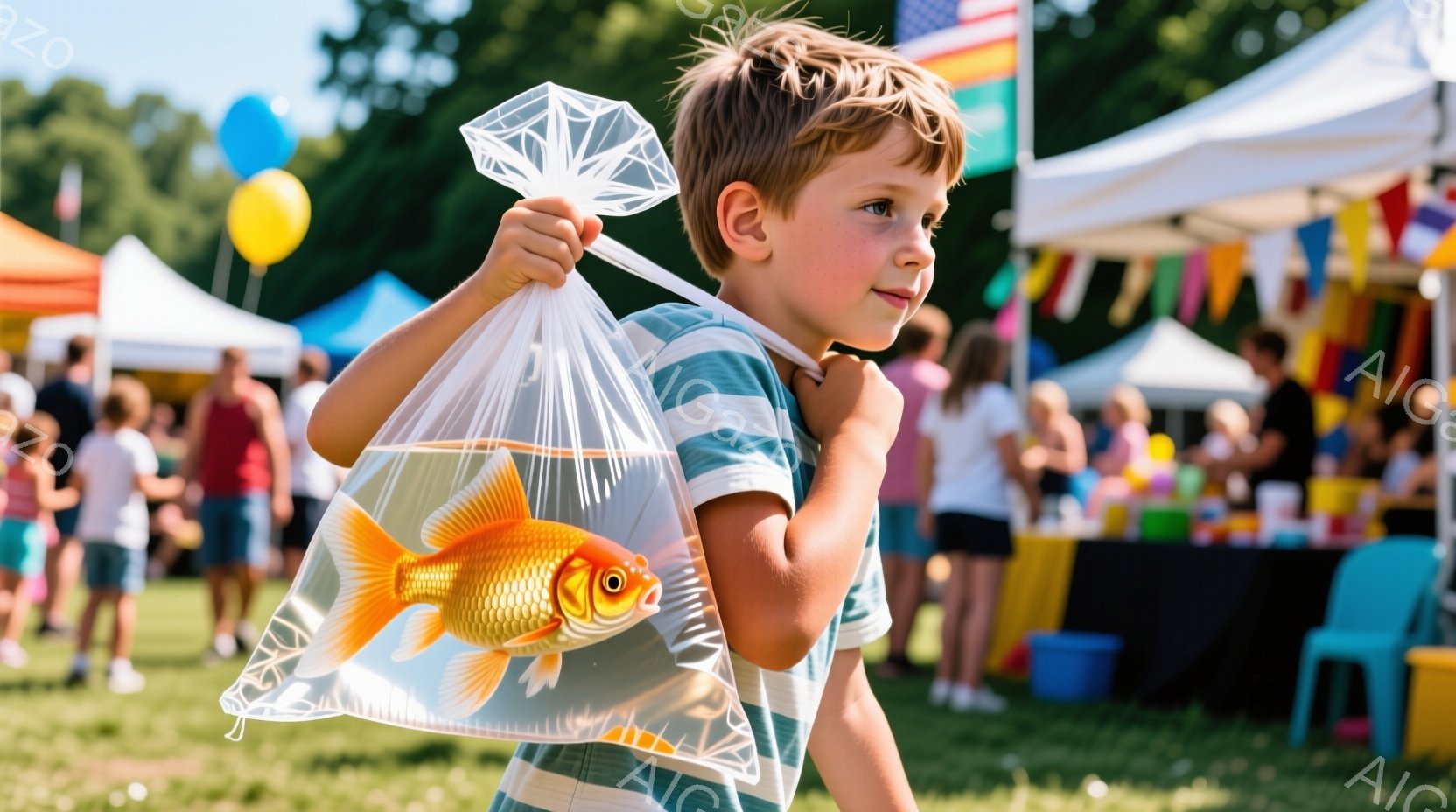 金髪の少年が、水が入った透明な袋に入った金魚を片手に抱えています。彼は縞模様の青と白のシャツを着ており、少し前を向いており、どこか楽しそうな表情をしています。背景には、多くの人が歩き回る賑やかなイベン - AI生成フリー素材