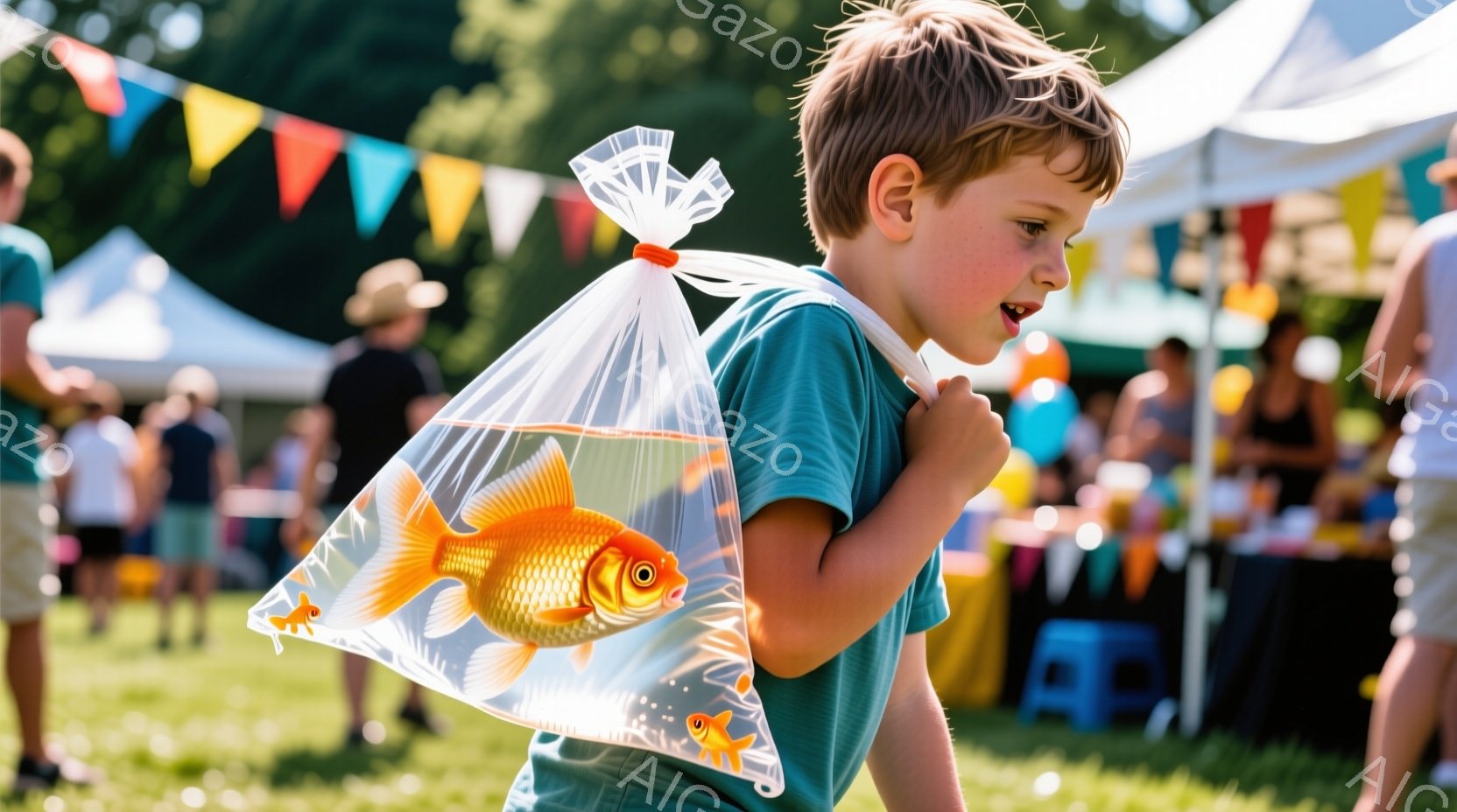 金髪の少年が、水が入った透明な袋に入った金魚を抱えています。少年は青いTシャツを着ており、驚いたような表情で前を見つめています。背景には緑の芝生、カラフルな旗、そして多くの人が写っており、賑やかな屋外イベントの様子が伺えます。