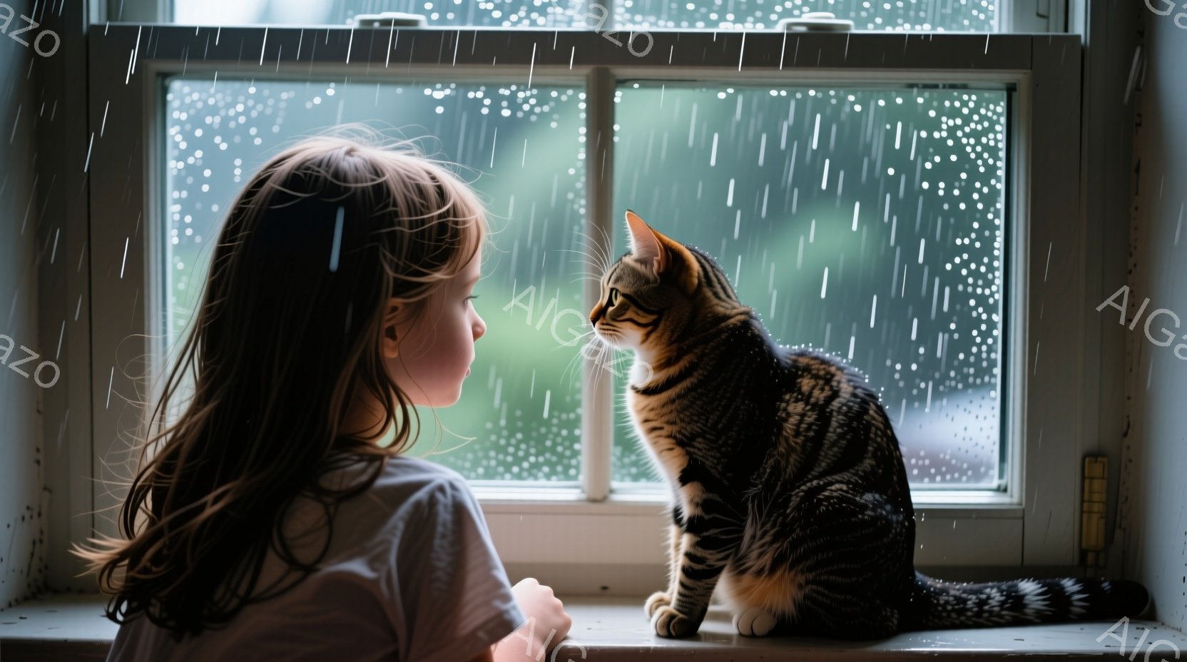 長い茶色の髪をした少女が窓の外を眺めています。彼女は薄いピンクの服を着ており、少し憂いのある表情をしています。外は激しい雨が降り、窓ガラスには雨粒が並んでいます。 - AI生成フリー素材