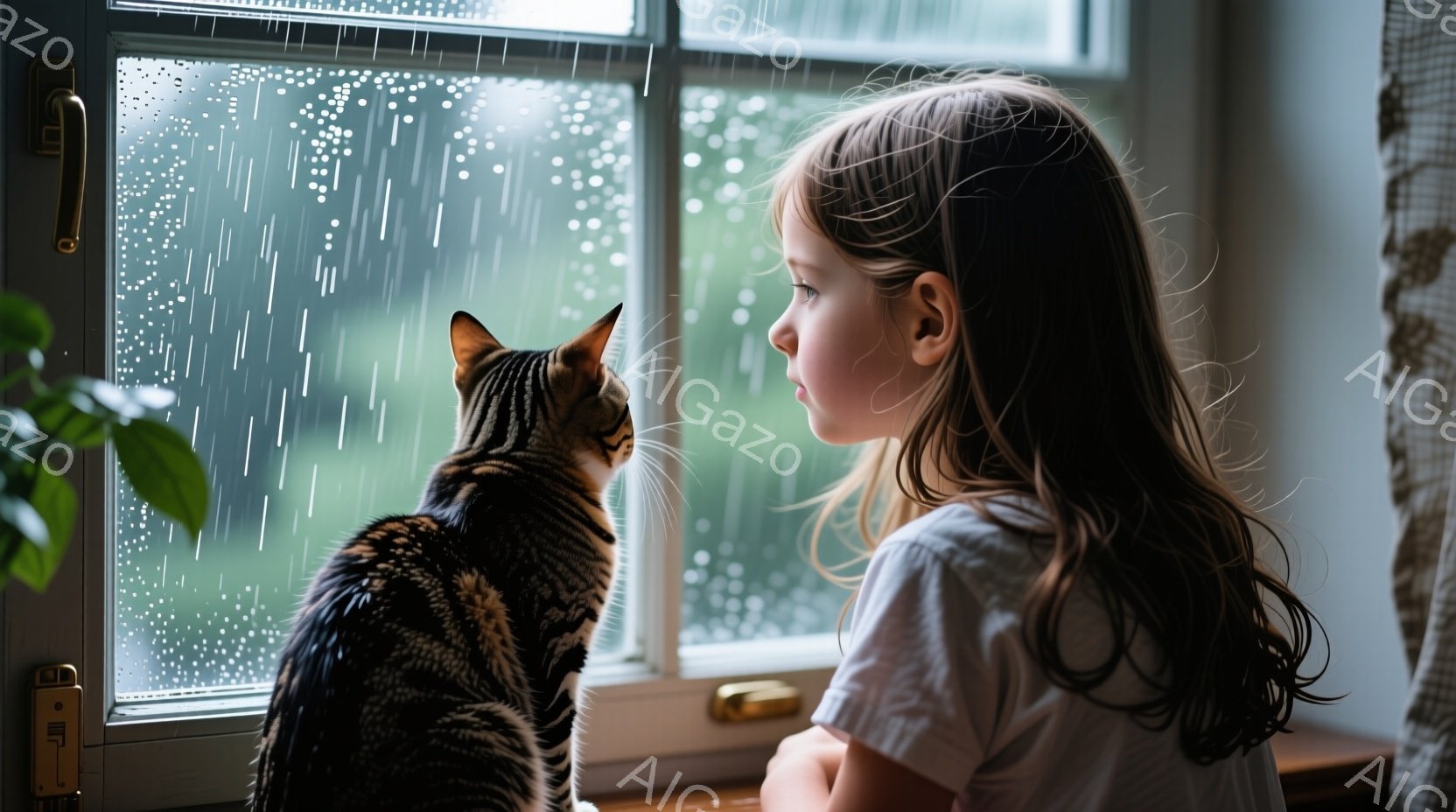 長い茶色の髪の少女が、窓の外をじっと見つめています。白いシャツを着ており、姿勢はリラックスしています。窓の外は雨が降り、水滴が窓ガラスを覆っており、全体的に穏やかで少し物憂げな雰囲気です。