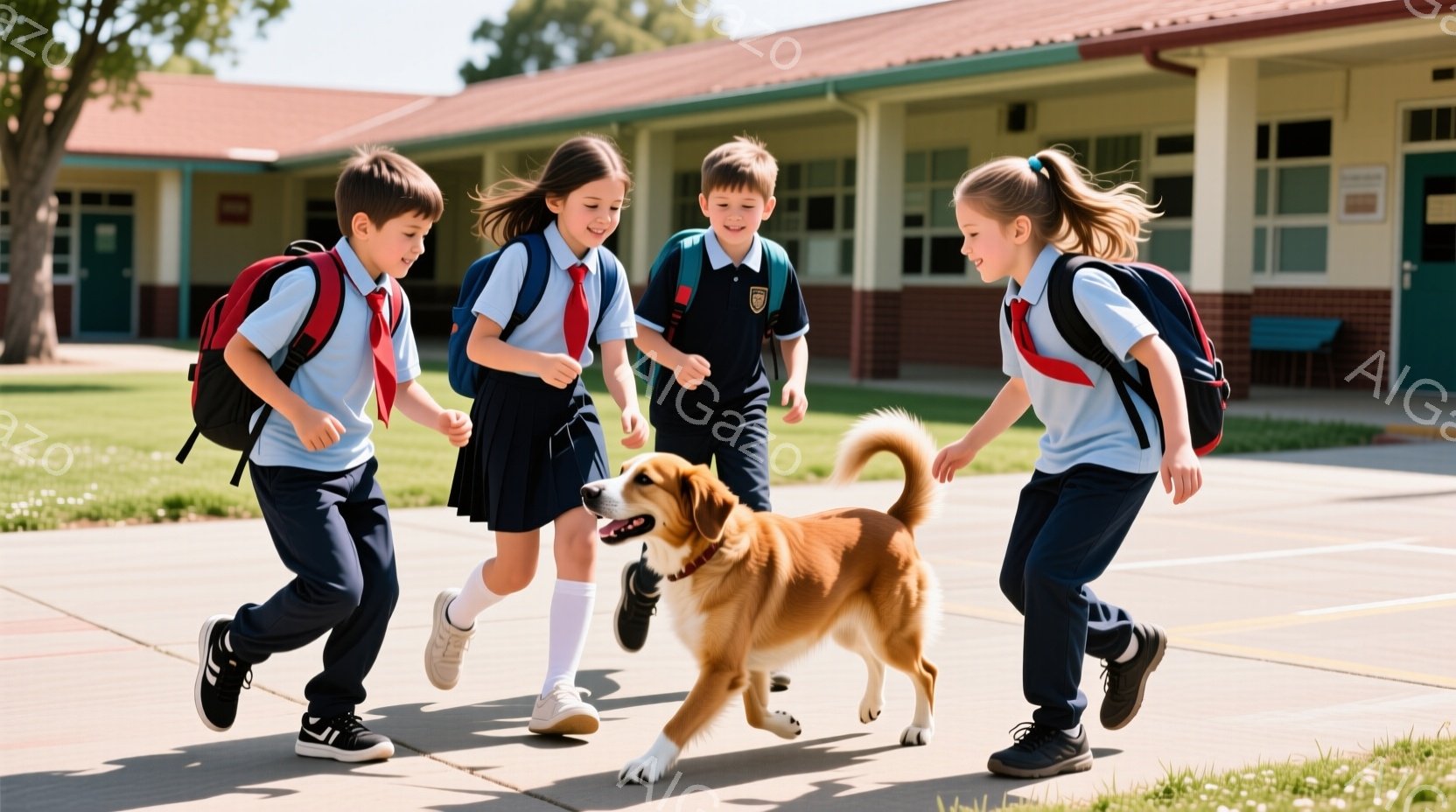 紺色のスカートまたはズボンと水色のシャツを着た4人の子供たちが、学校から帰る途中で、楽しそうに走っている。彼らは皆、背中にバックパックを背負い、笑顔を見せている。背景にはレンガ造りの学校の建物と青空が - AI生成フリー素材